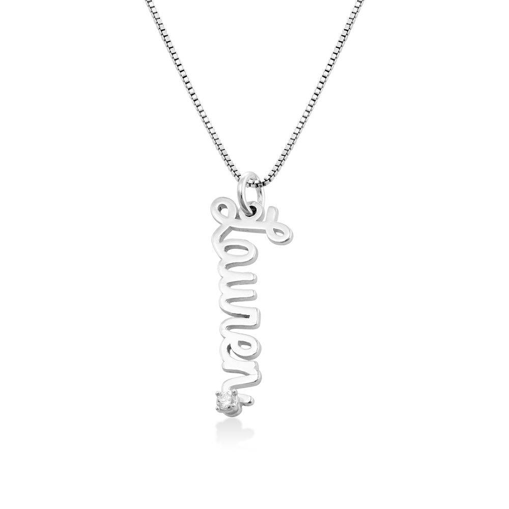 Vertical Cursive Name Pendant Necklace with Diamond in Silver