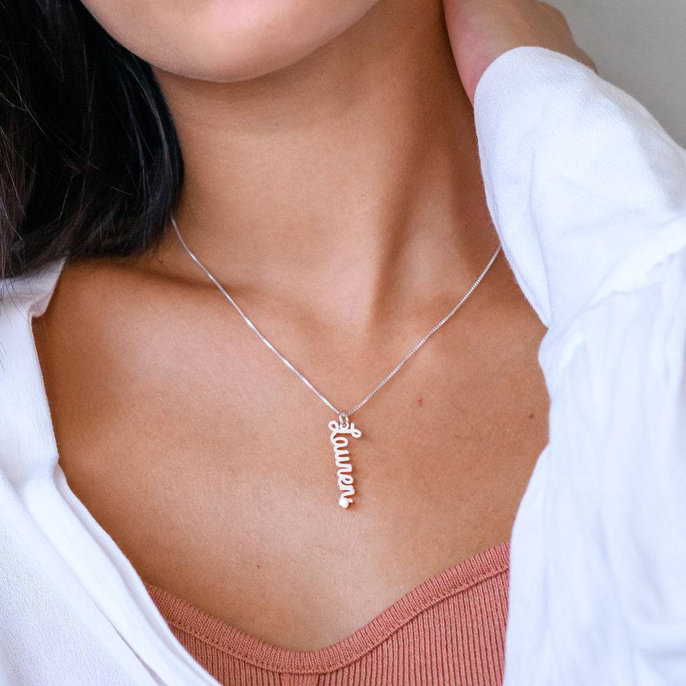 Vertical Cursive Name Pendant Necklace with Diamond in Silver