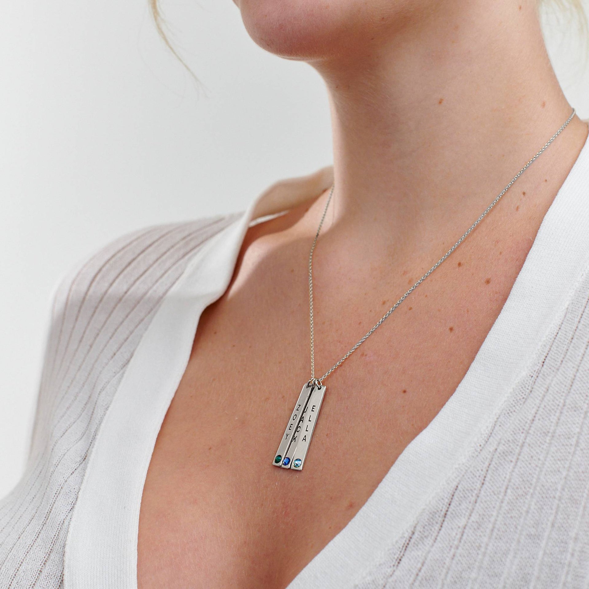 Vertical Sterling Silver Bar Necklace with Birthstone Crystal - Gifts Ideas for Mom - Mother Necklace - Personalized Jewelry