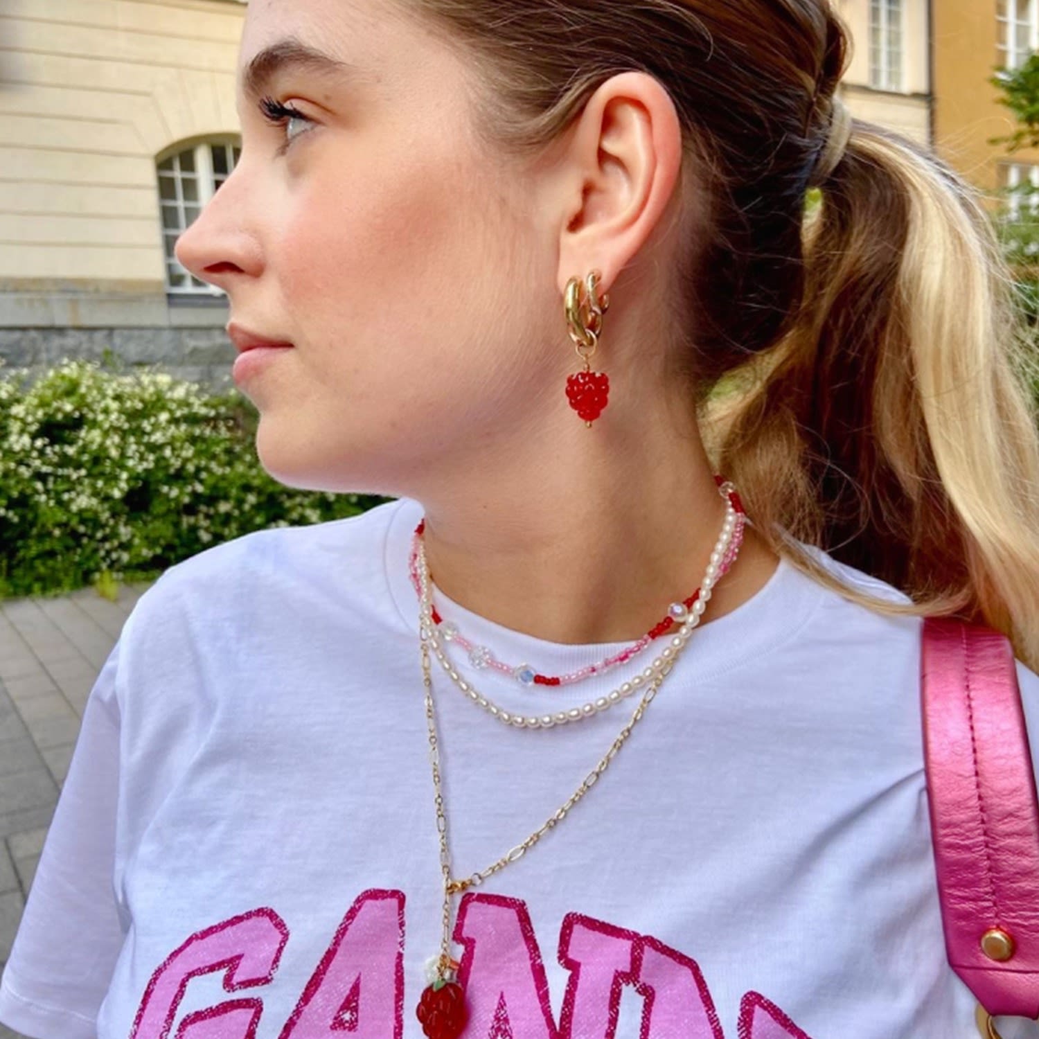 Very Berry Chunky Golden Hoop Earrings With Lampwork Glass Raspberry Fruit