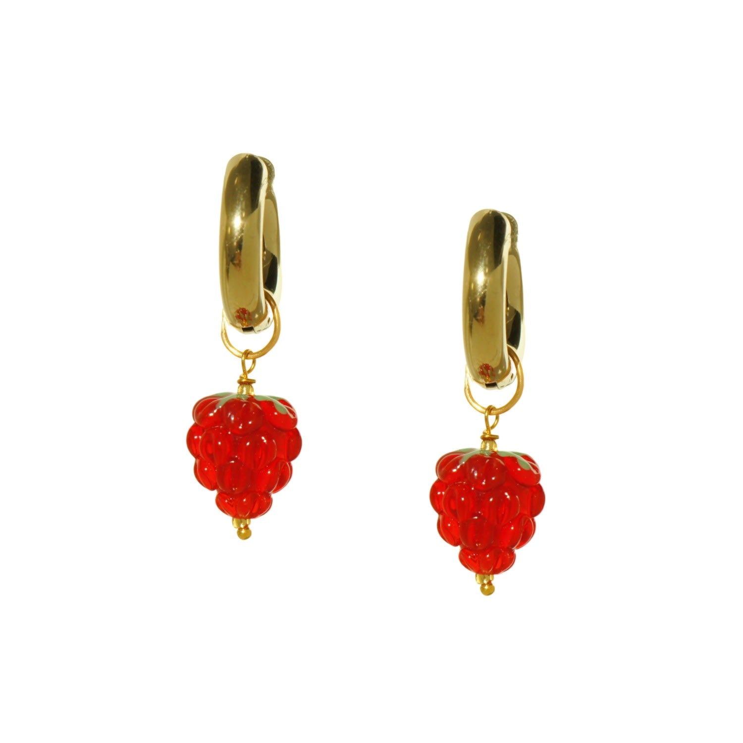 Very Berry Chunky Golden Hoop Earrings With Lampwork Glass Raspberry Fruit