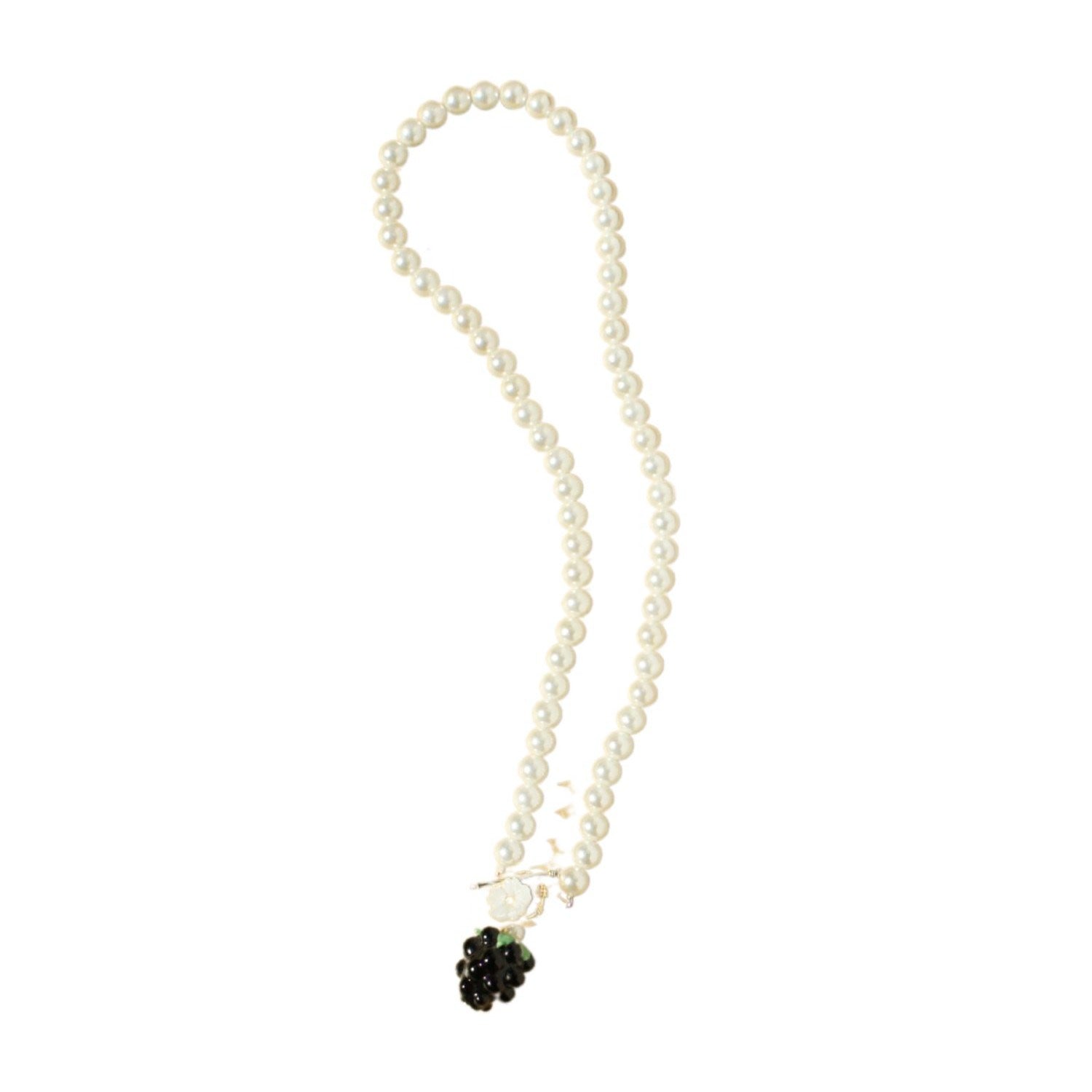 Very Berry Pearl Necklace With Glass Blackberry Pendant And Mother Of Pearl Flower