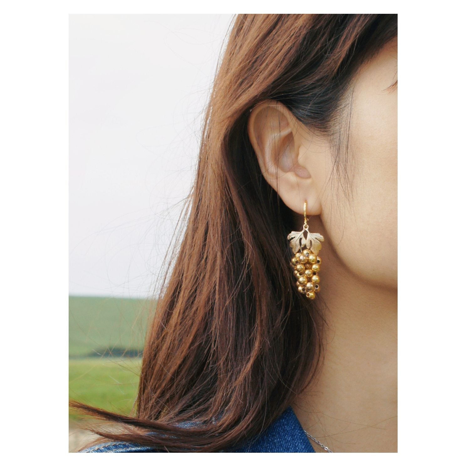 Very Grapeful Beaded Metallic Grapes Earrings With Golden Leaves - Golden