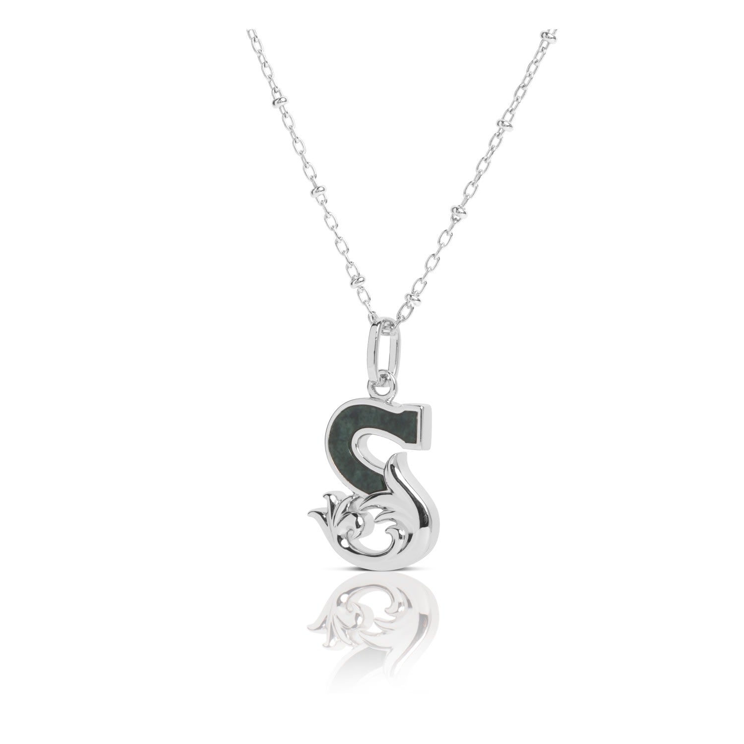 Solid Silver S Initial Necklace With Green Marble