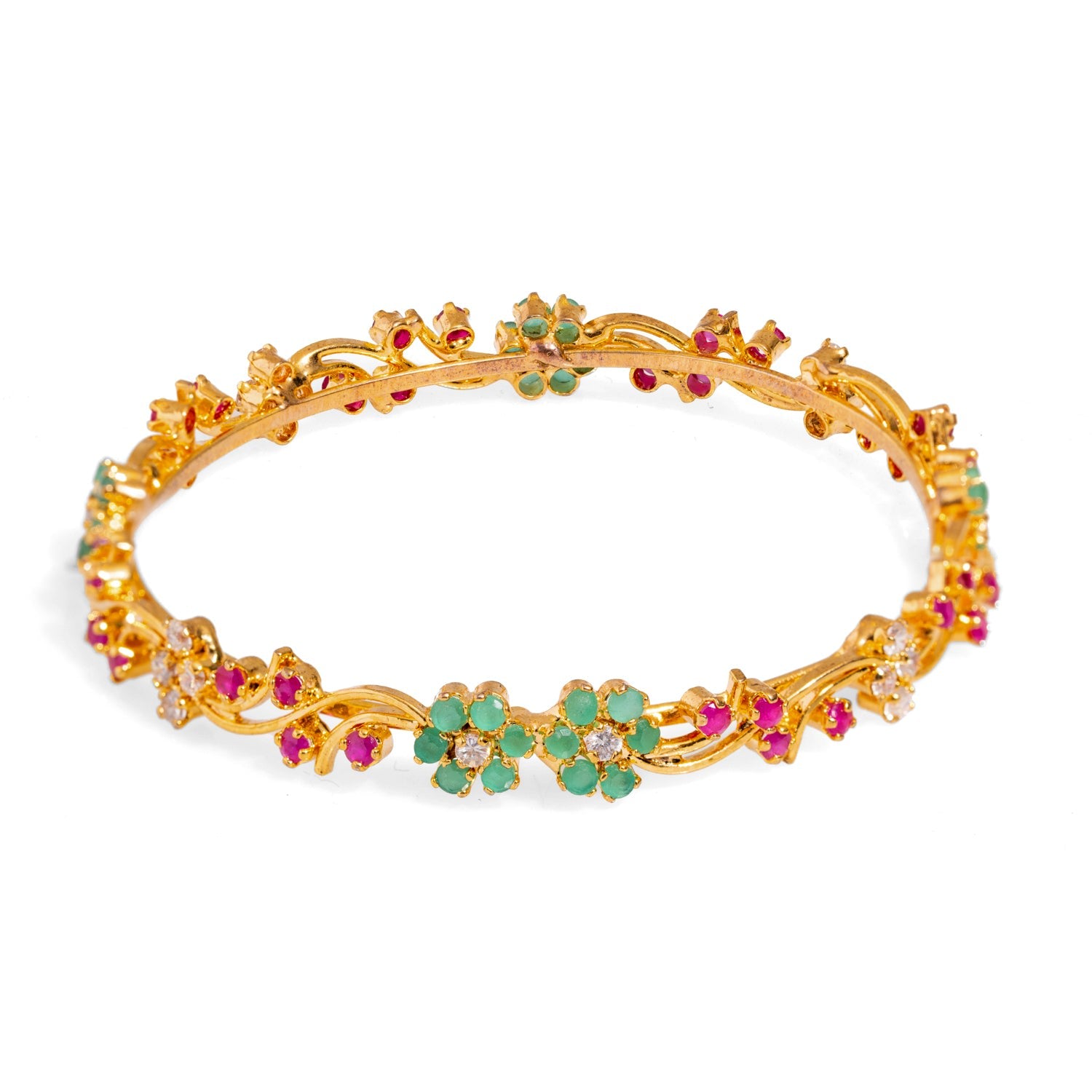Victorian Floral Emerald & Ruby Gemstone Bangle Bracelet - Multicolor