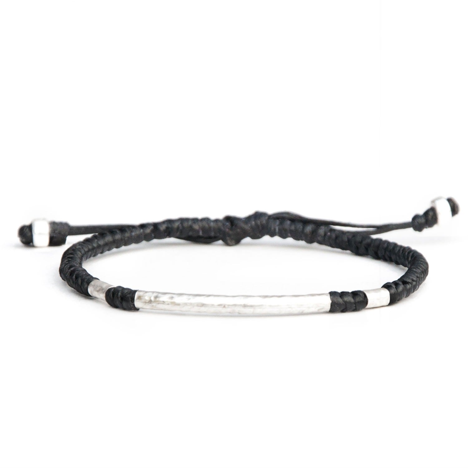 Viking Black Rope Bracelet For Women With Hammered Silver Beads - Little Bjorn