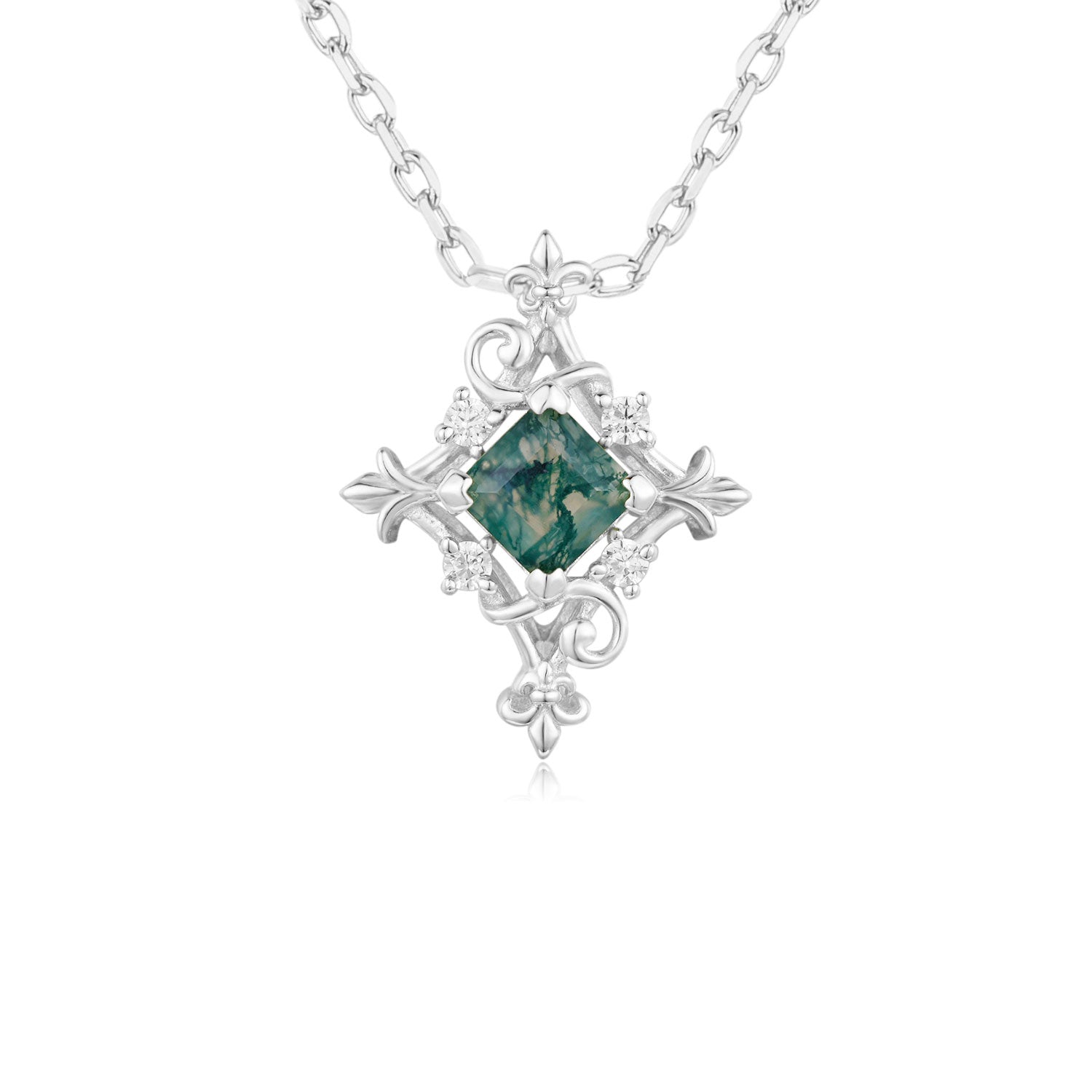 Vine Diamond Moss Agate Necklace White Gold Vermeil