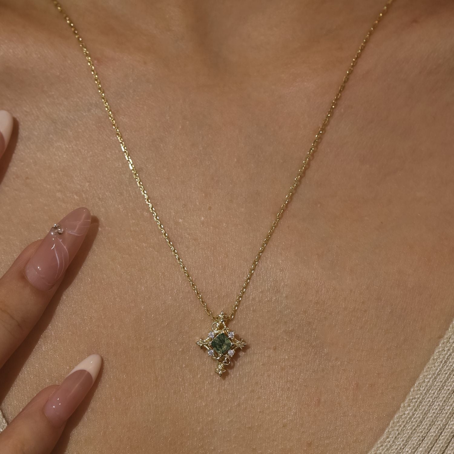 Vine Diamond Moss Agate Necklace Yellow Gold Vermeil