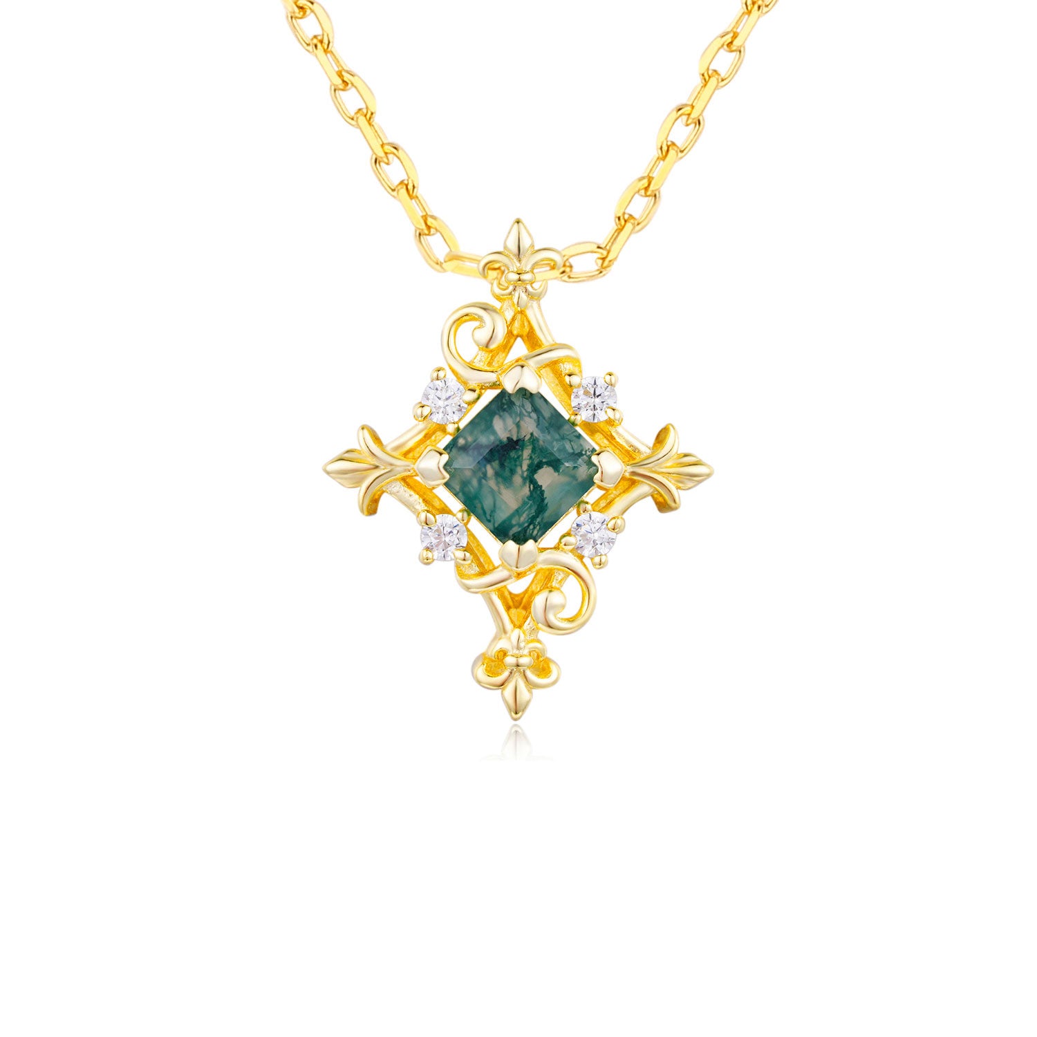 Vine Diamond Moss Agate Necklace Yellow Gold Vermeil