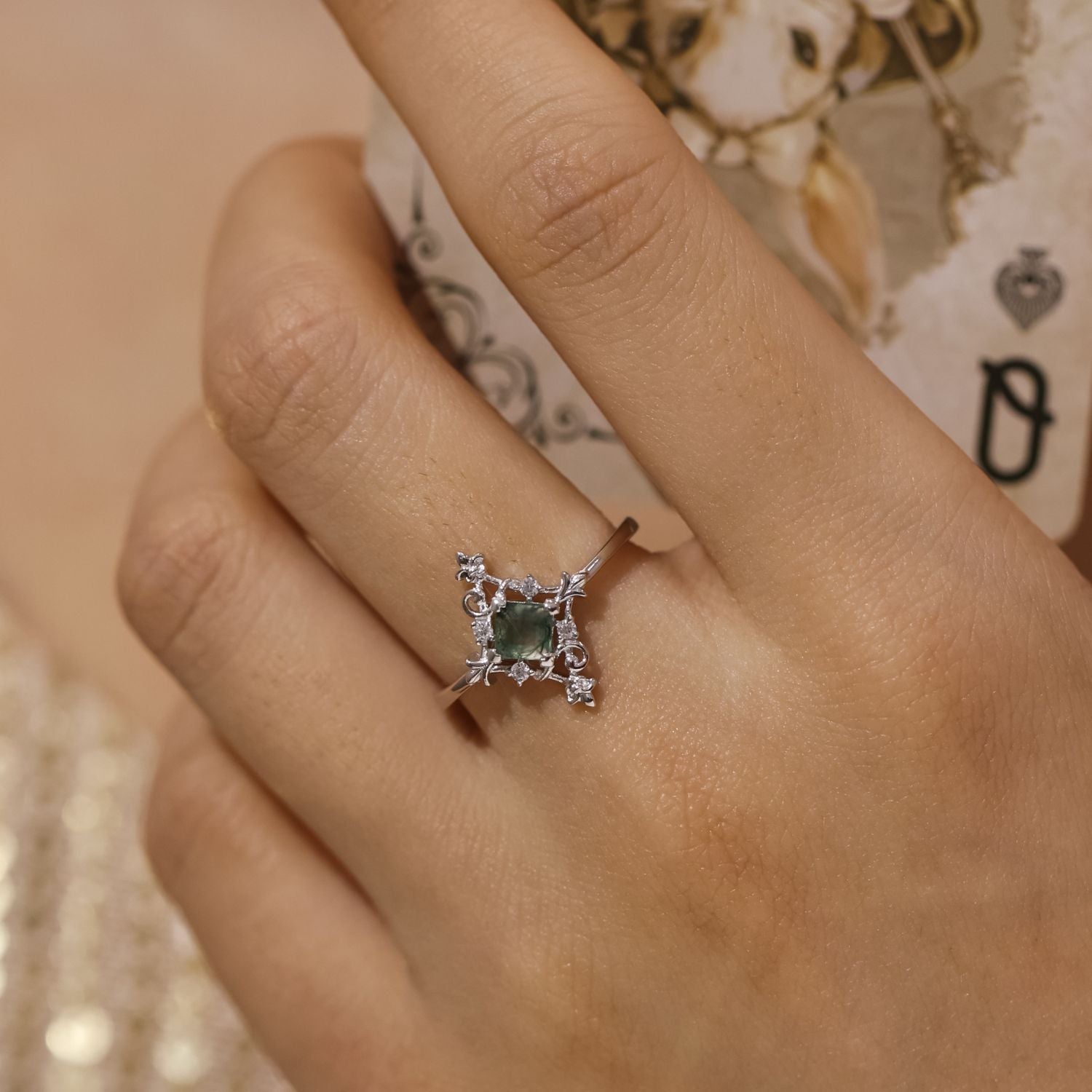 Vine Diamond Moss Agate Ring White Gold Vermeil