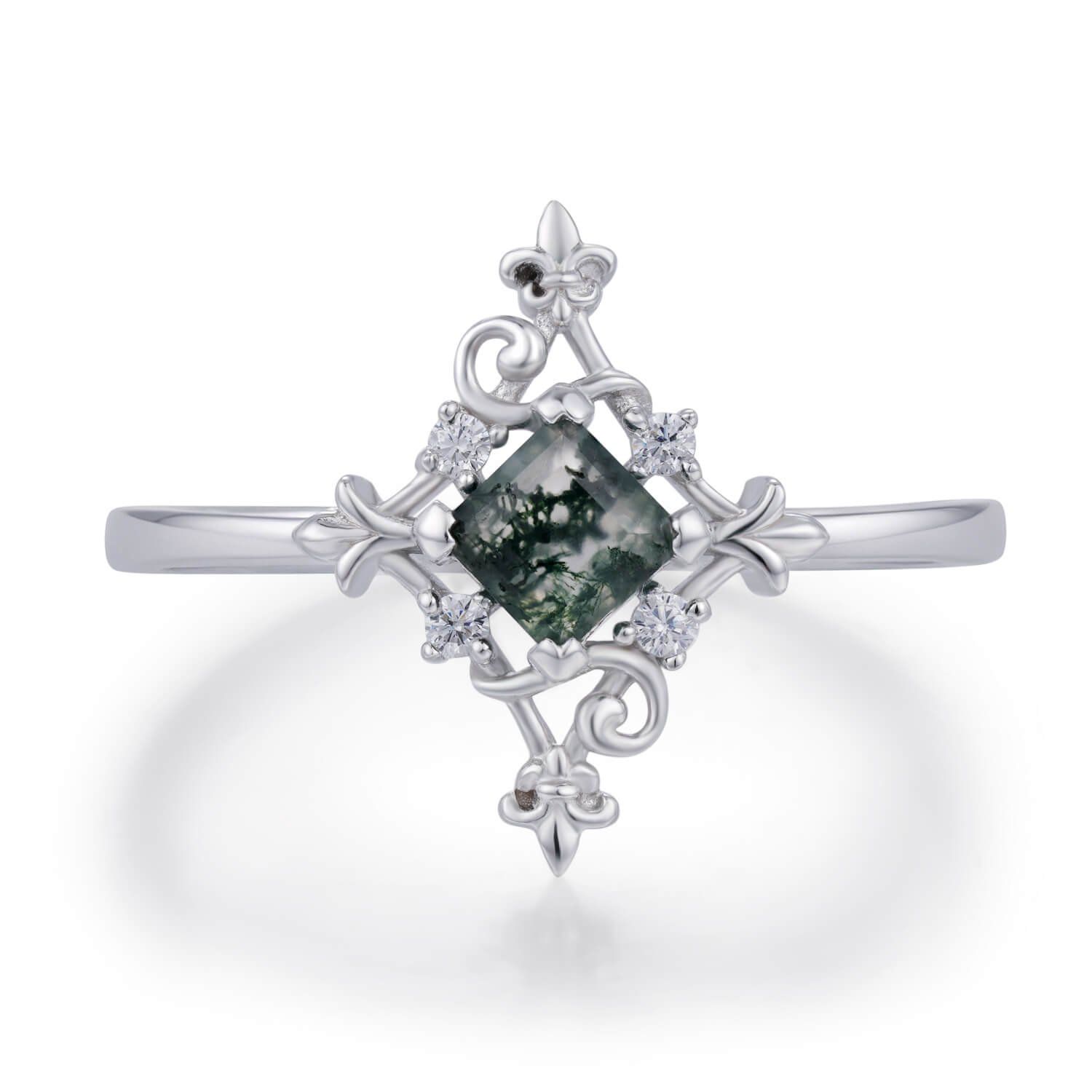 Vine Diamond Moss Agate Ring White Gold Vermeil