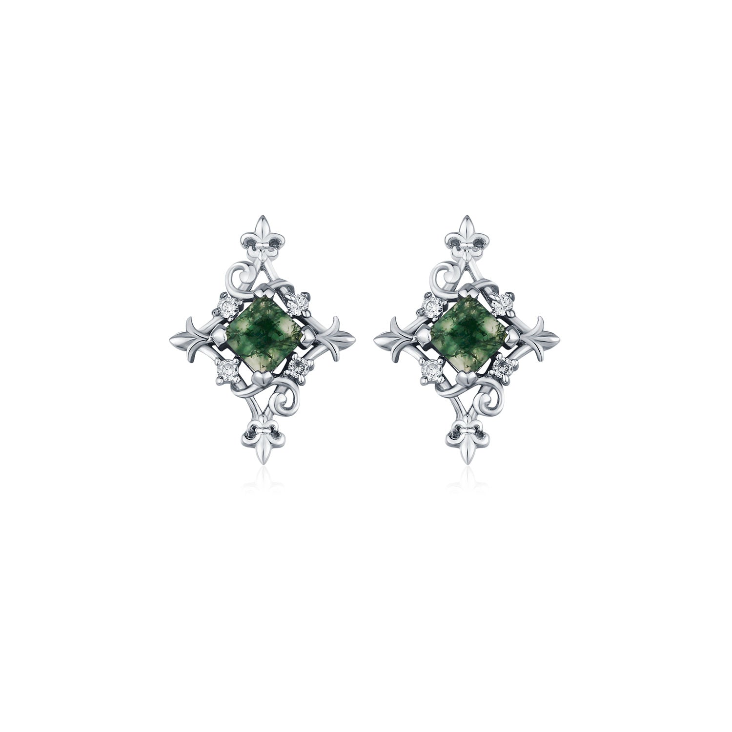 Vine Diamond Moss Agate Studs White Gold Vermeil