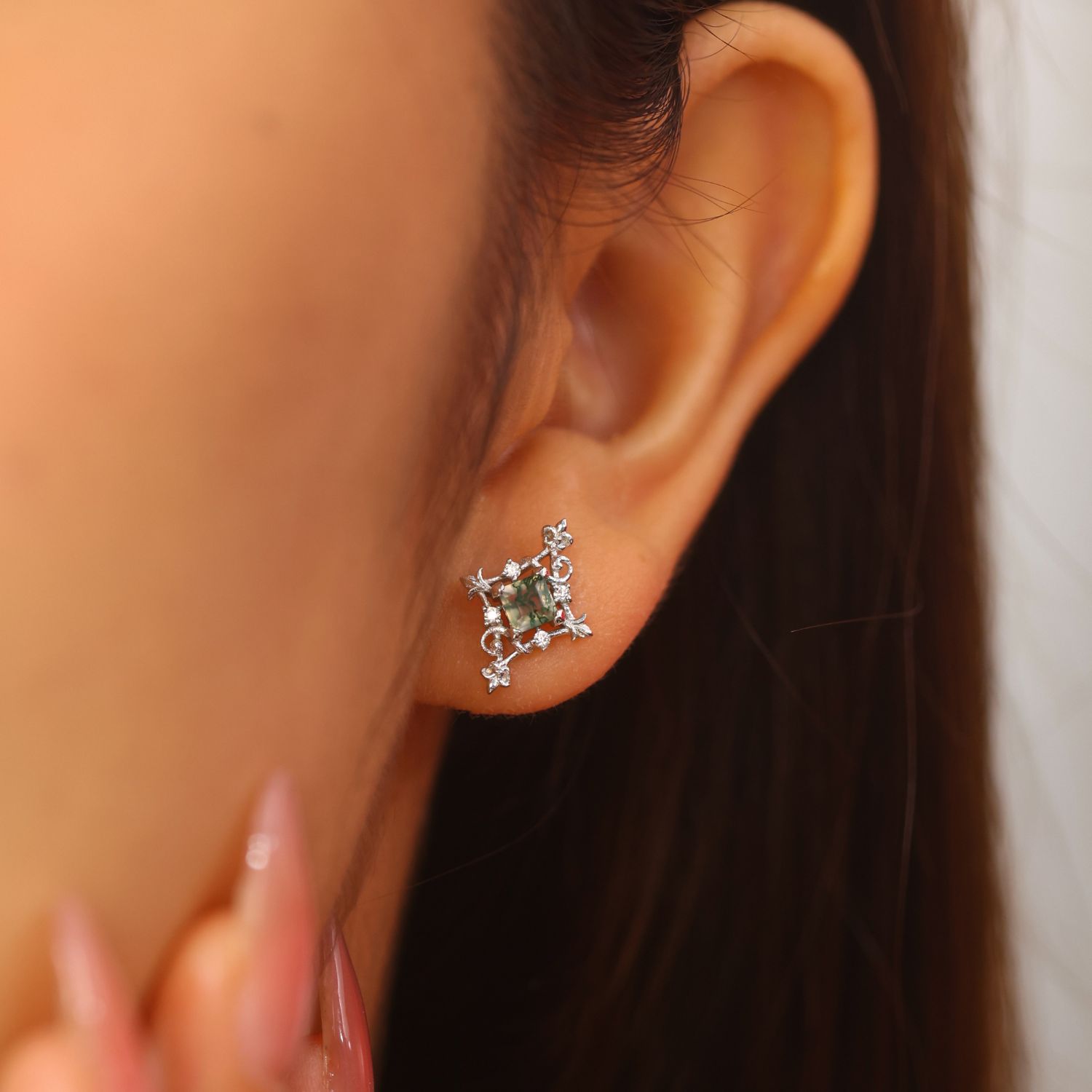 Vine Diamond Moss Agate Studs White Gold Vermeil