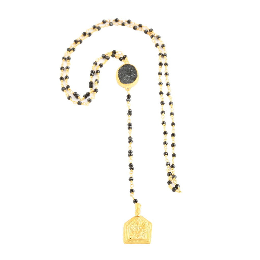 Vintage Amulet Rosary Necklace - Black Spinel & Druzy