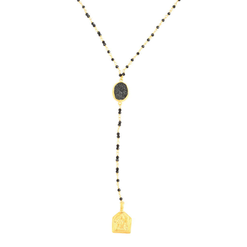 Vintage Amulet Rosary Necklace - Black Spinel & Druzy