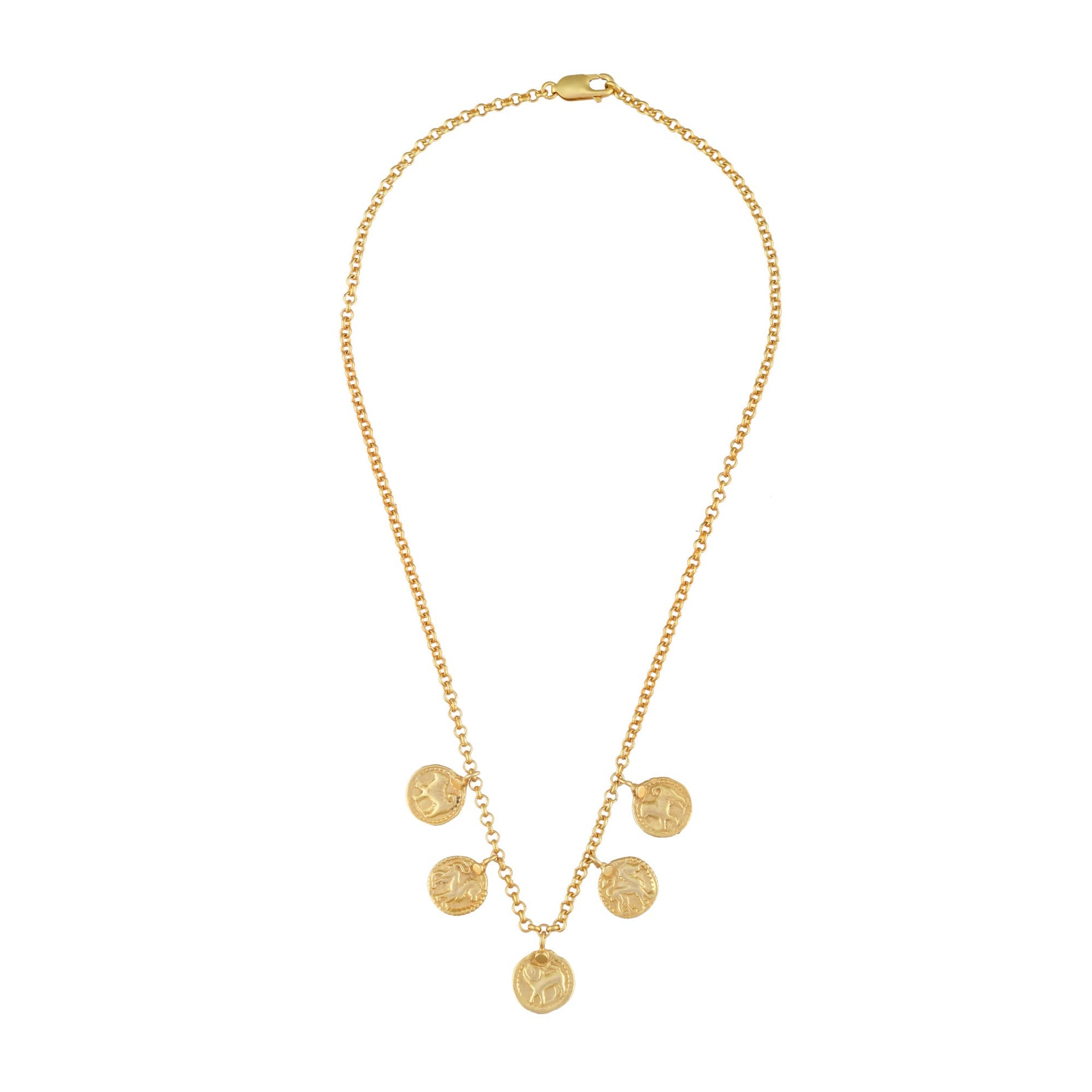 Vintage Charm Necklace With Gold Plated Shiva Dog & Durga Lion Amulets