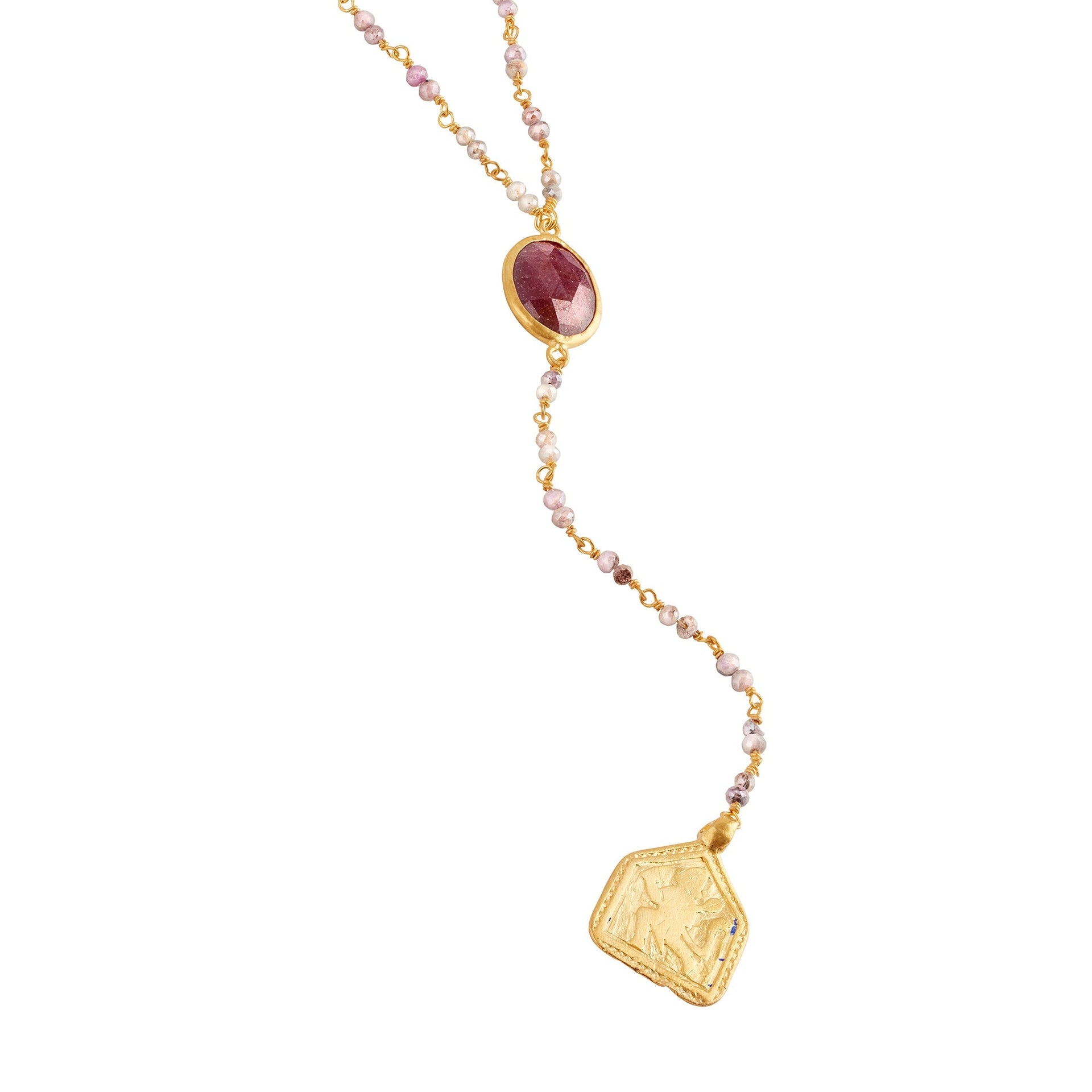 Vintage Rosary Amulet Necklace - Ruby & Pink Opal
