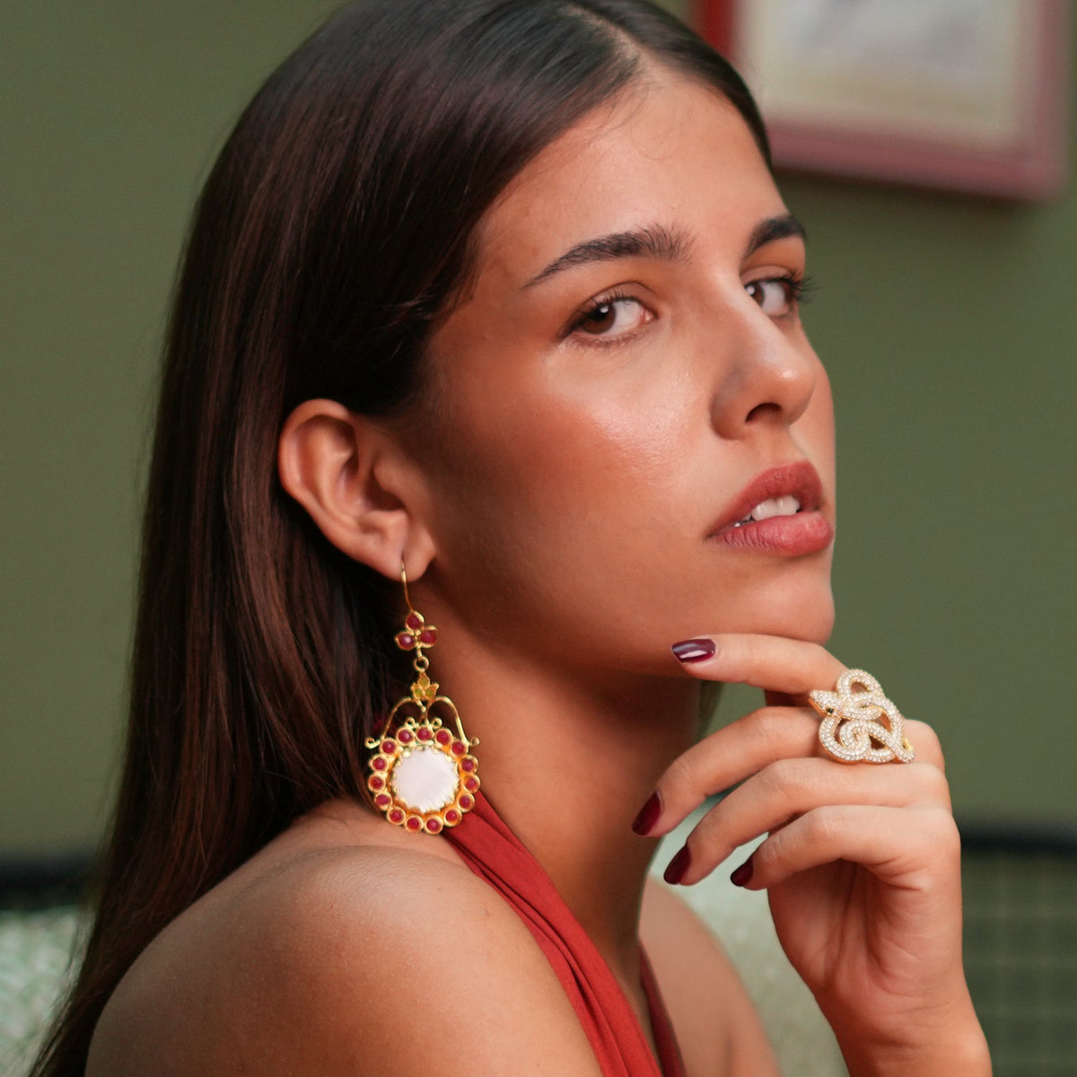 Vintage Red & White Floral Chunky Earrings - Red