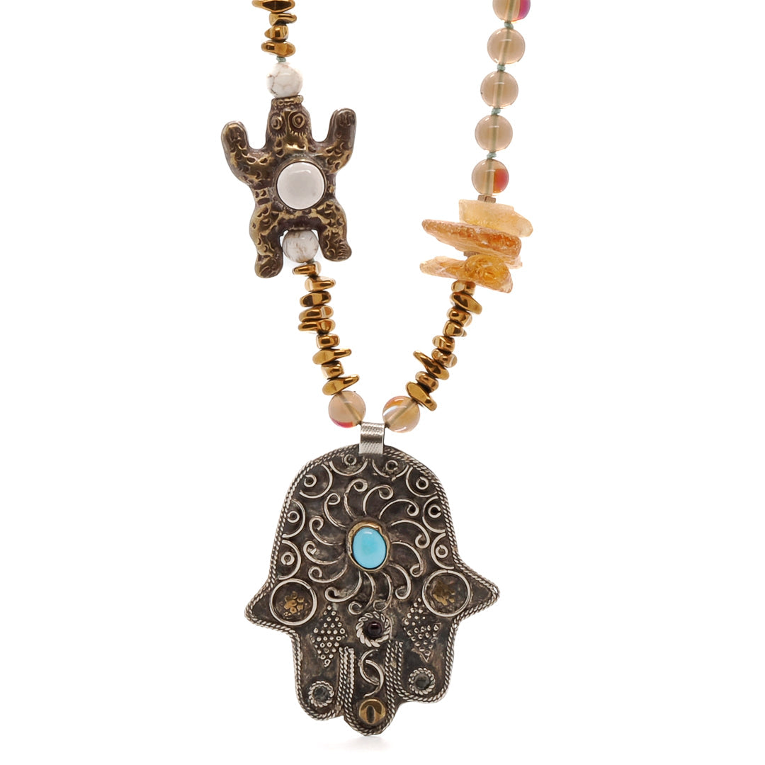 Vintage Style Hamsa & Turtle Pendant Beaded Unique Necklace - Brown