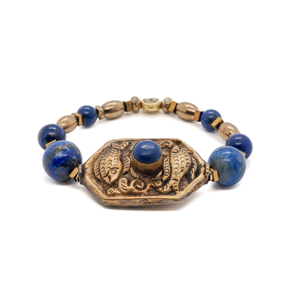Vintage Style Nepal Fish & Lapis Bead Lapis Lazuli Beaded Bracelet - Blue