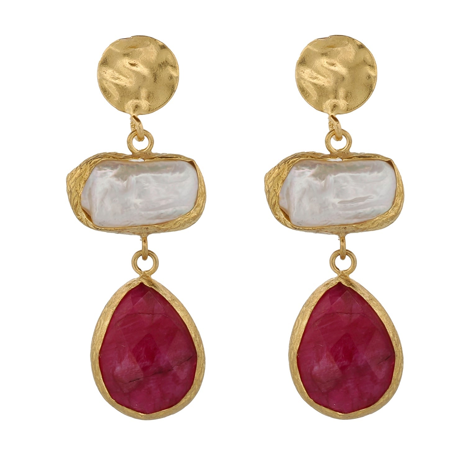 Vintage Style Pearl & Ruby Gemstone Gold Earrings - Red