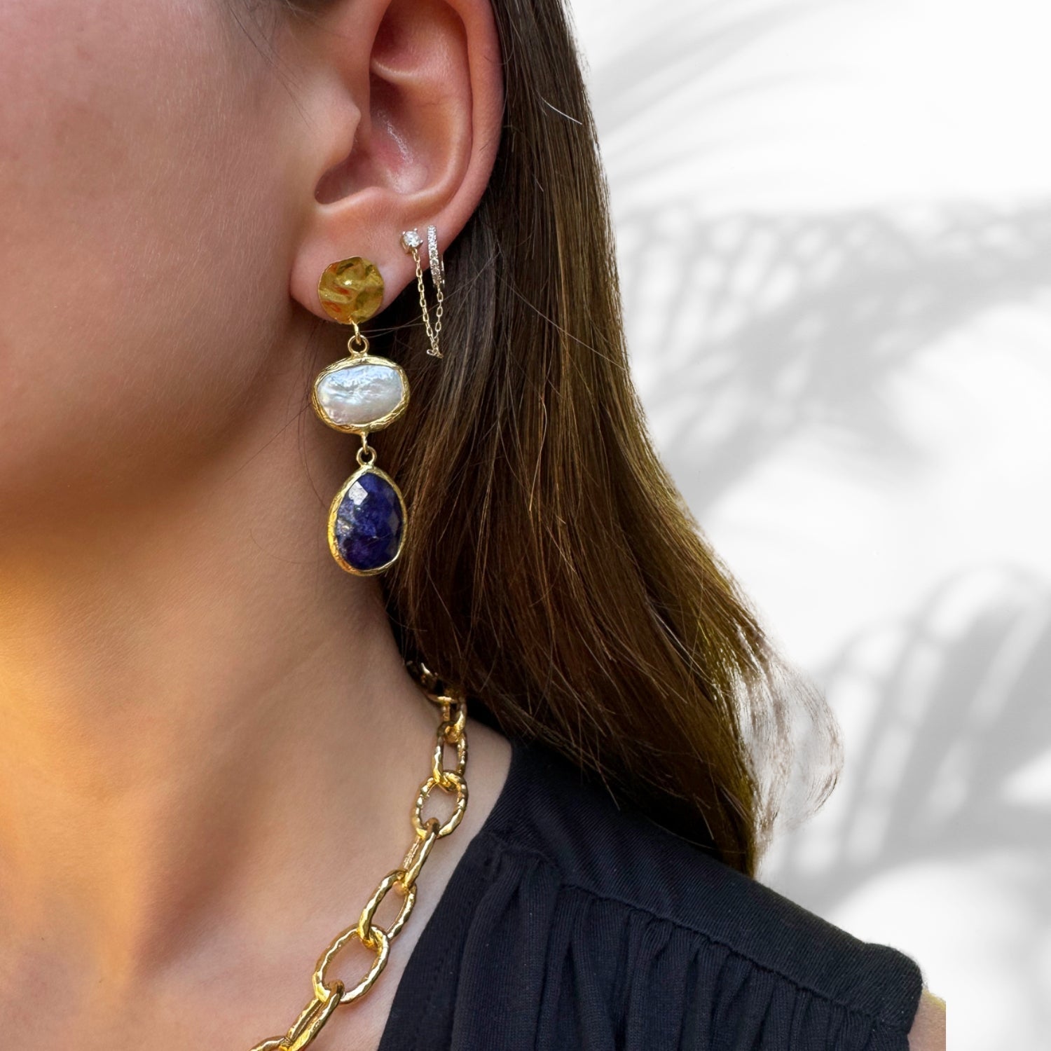Pearl & Sapphire Gemstone Gold Statement Earrings - Blue