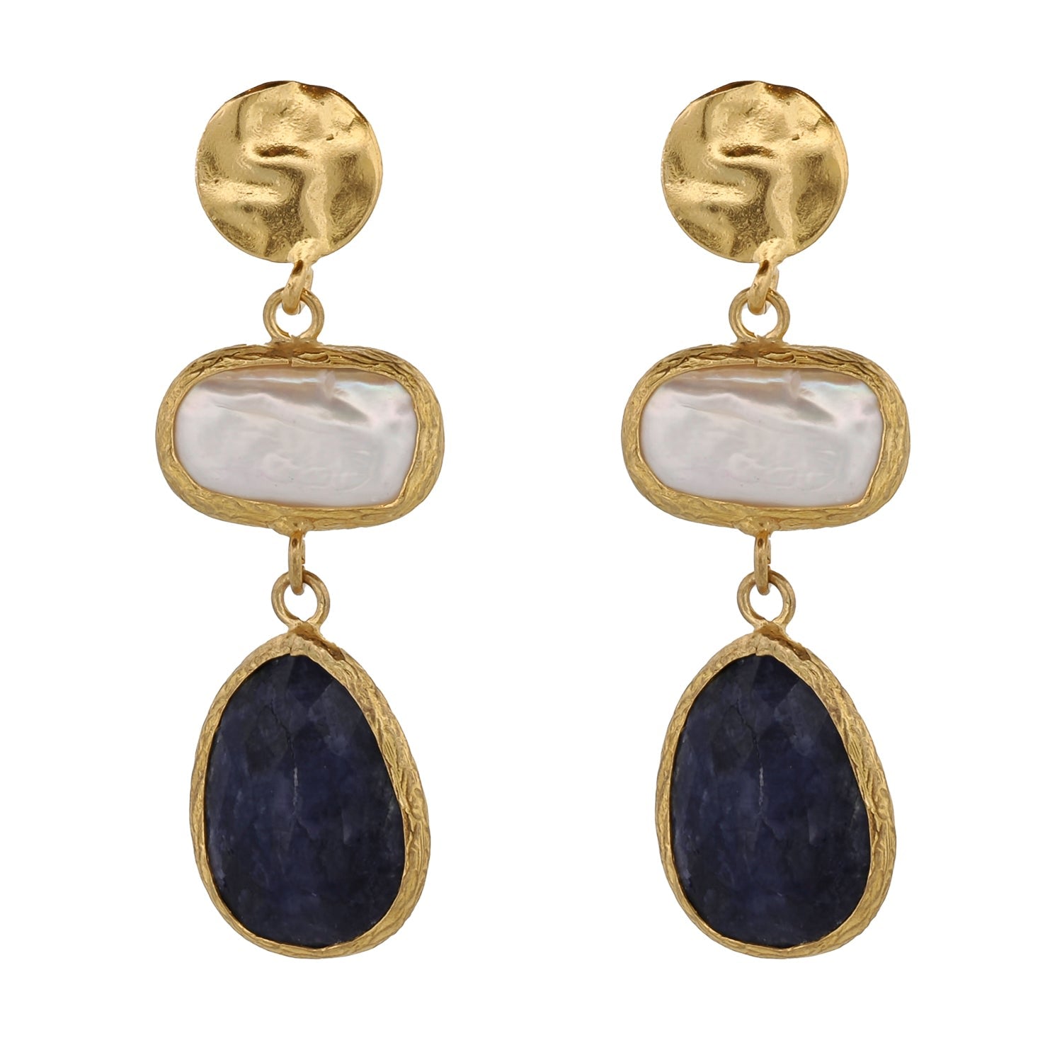 Pearl & Sapphire Gemstone Gold Statement Earrings - Blue