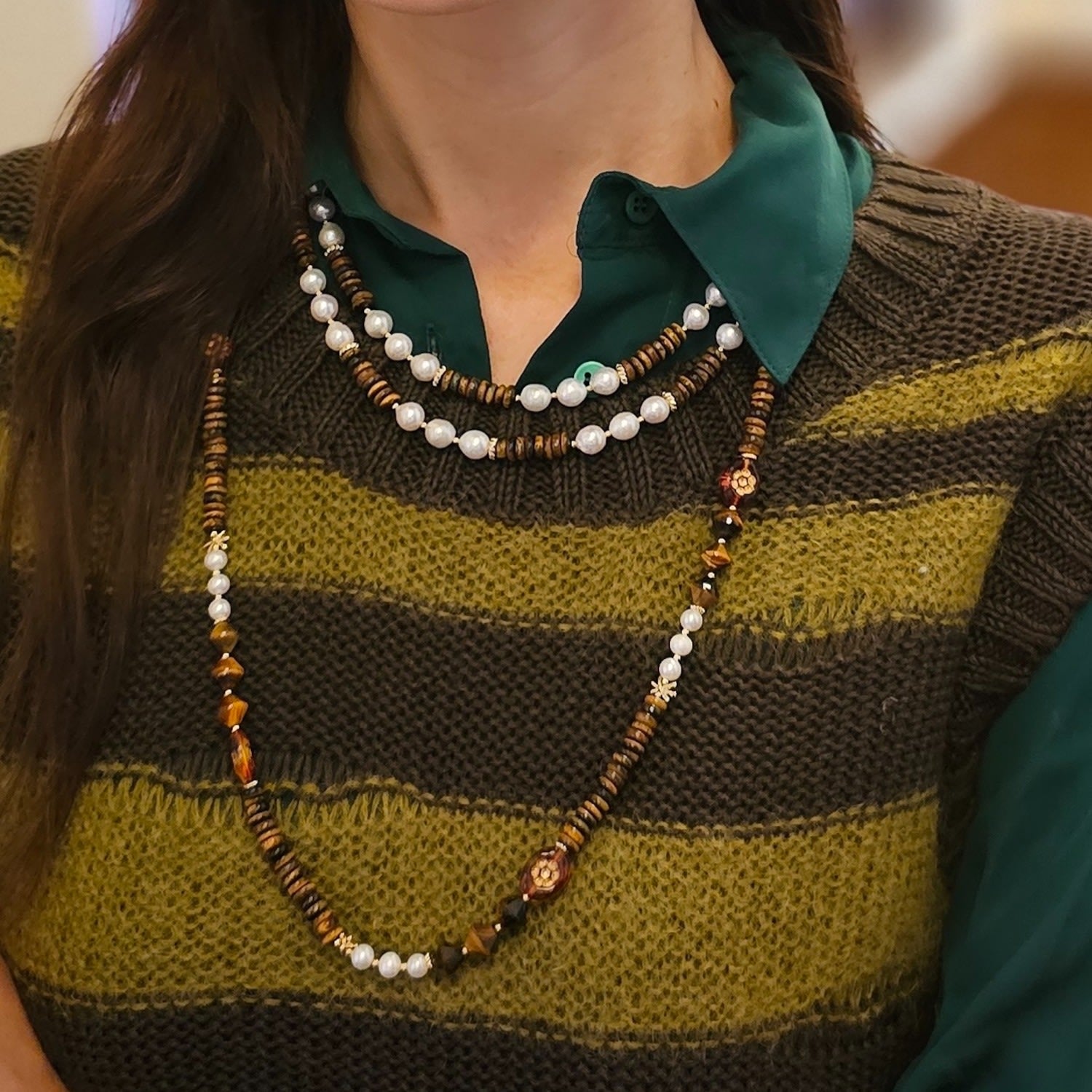 Vintage Style Tiger Eye With Freshwater Pearls Long Necklace