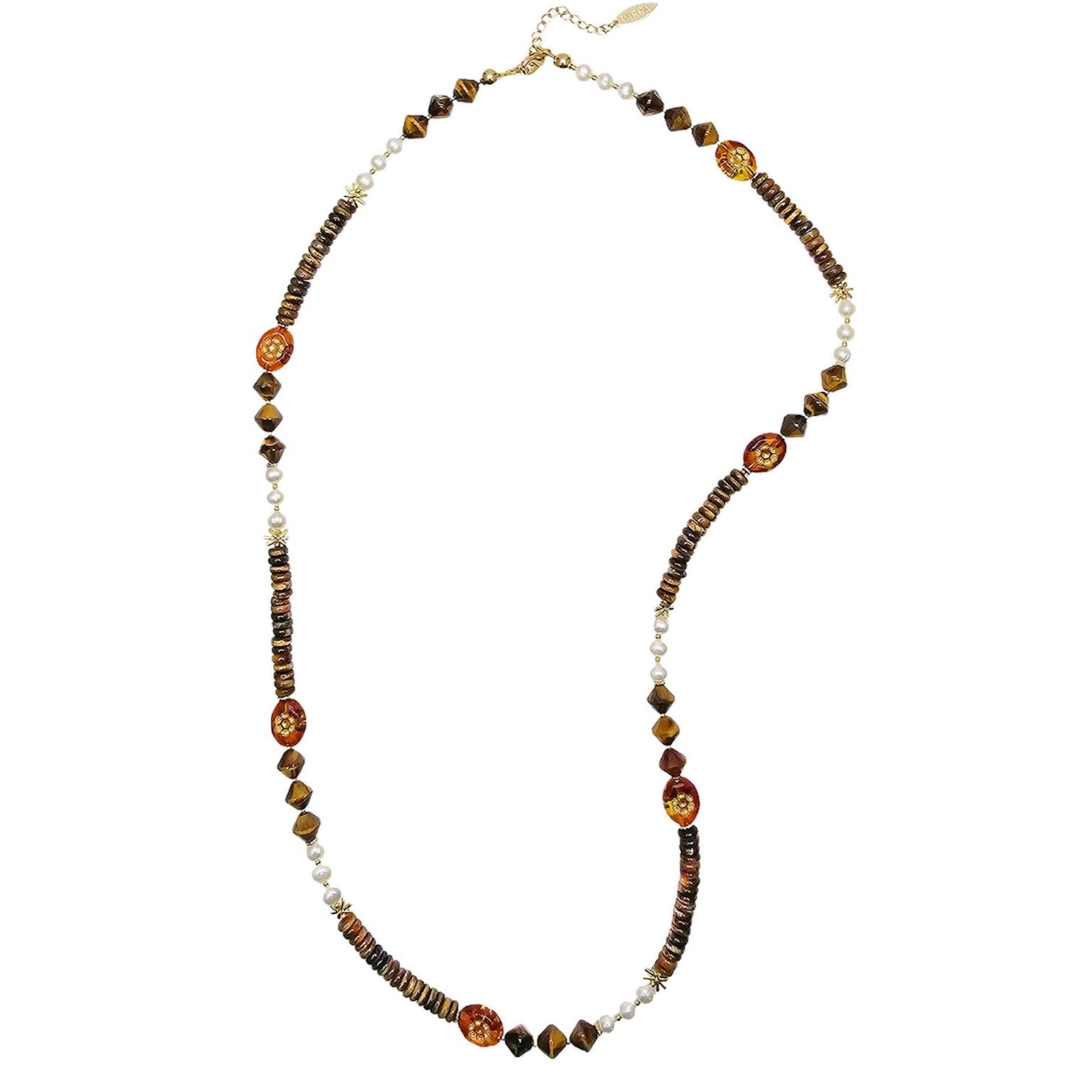 Vintage Style Tiger Eye With Freshwater Pearls Long Necklace