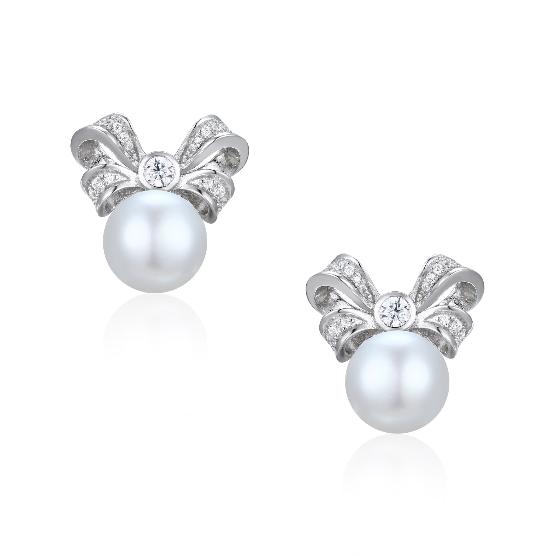 Viscountess Bow & Pearl Silver Earrings With Crystals