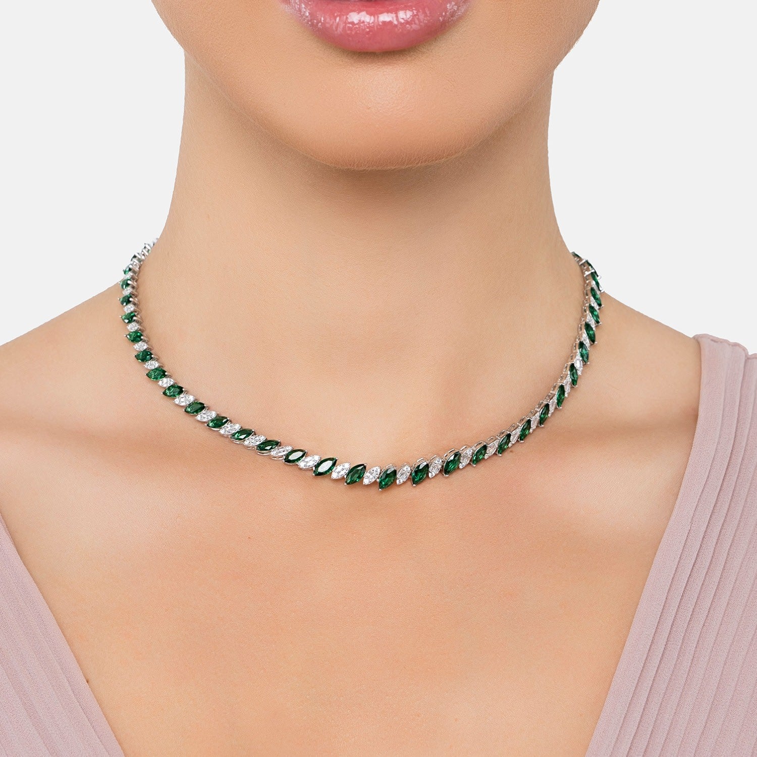 Viscountess Statement Tennis Necklace Emerald Silver