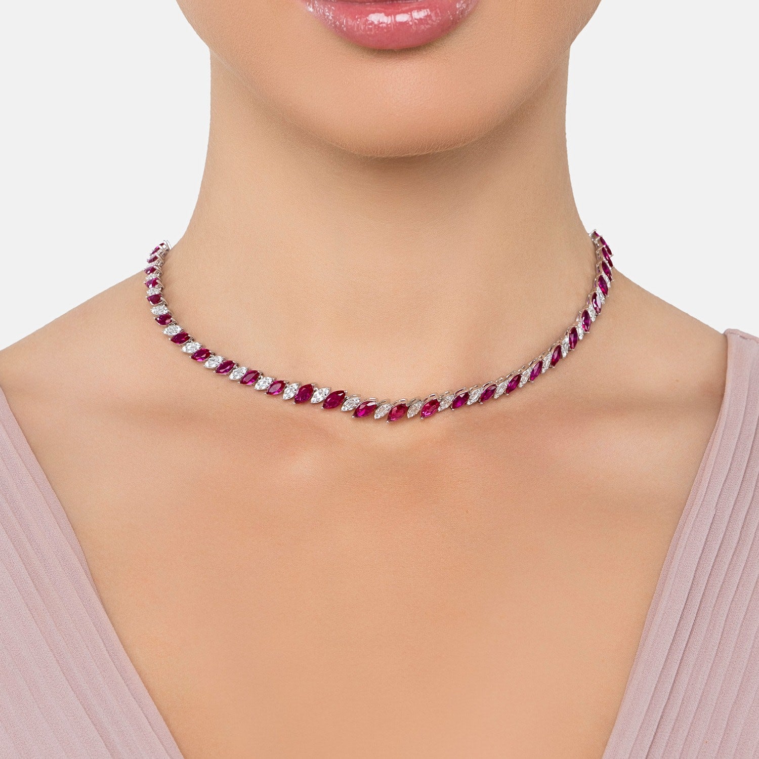 Viscountess Statement Tennis Necklace Ruby Silver