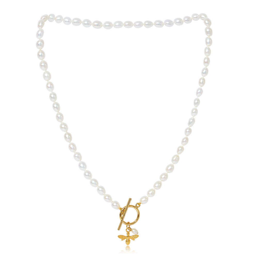 Vita Cultured Freshwater Pearl Necklace With Gold Bumble Bee