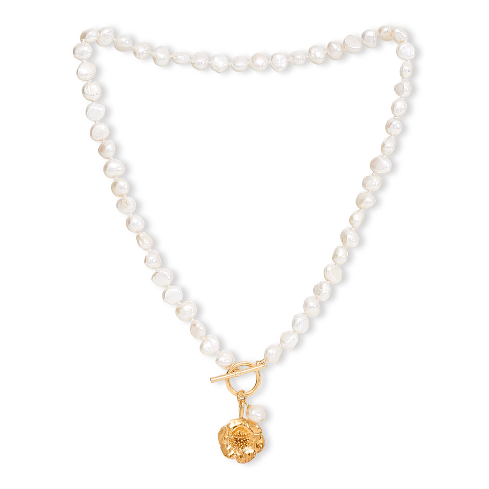 Vita Cultured Freshwater Pearl Necklace With Gold Cherry Blossom Charm