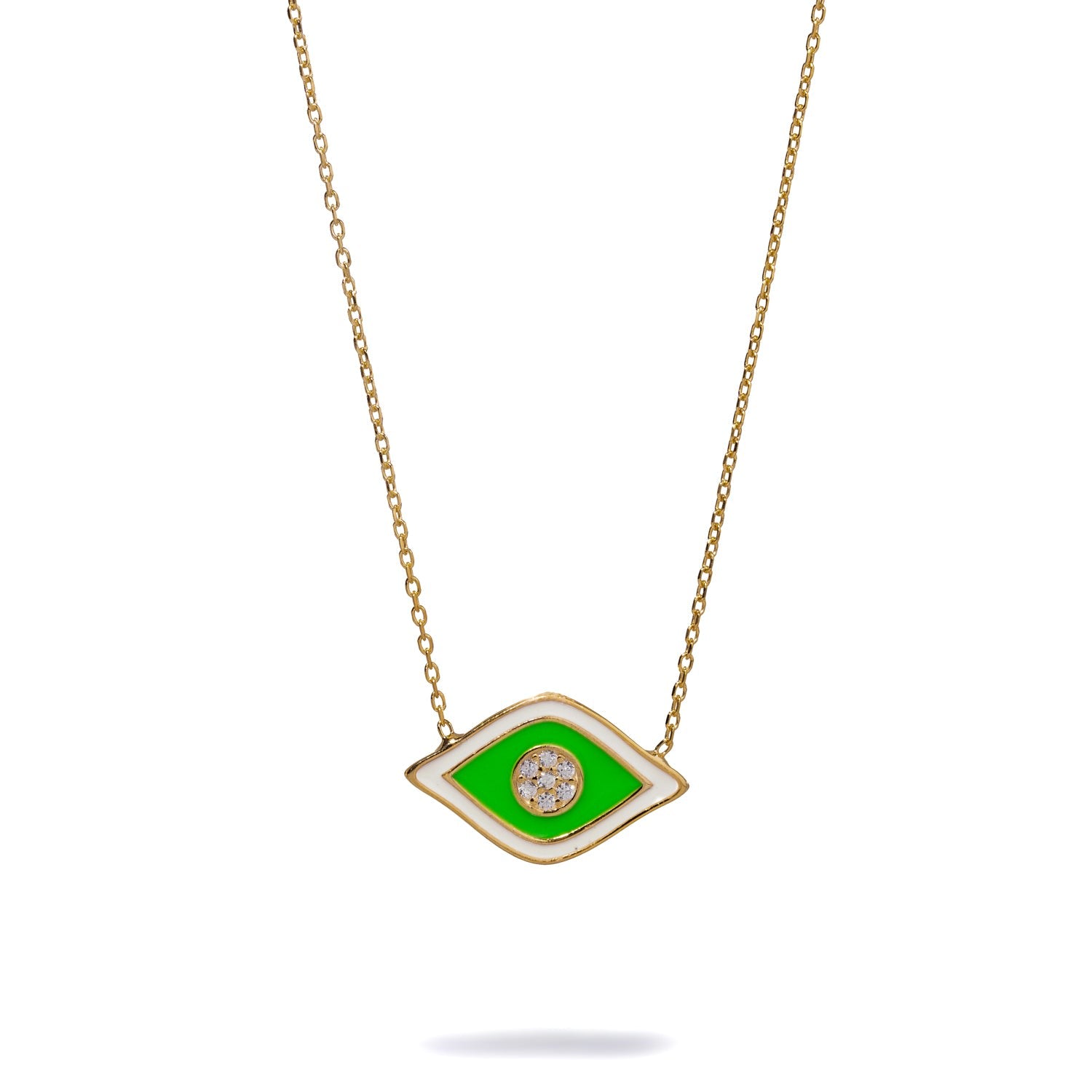 Vivid Green Enamel Evil Eye Pendant Gold & Diamond Necklace - Green