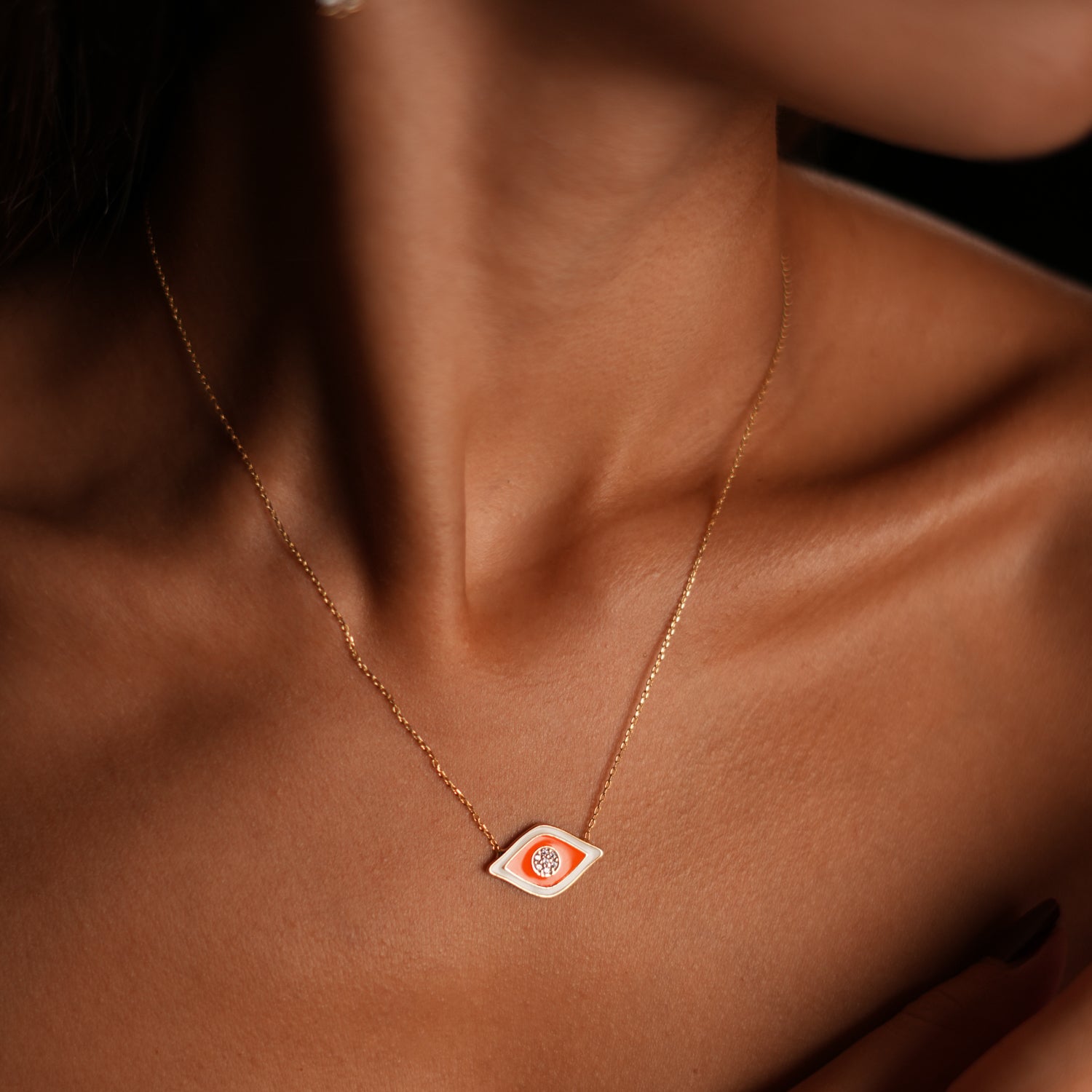 Vivid Orange Enamel Evil Eye Pendant Gold & Diamond Necklace - Orange