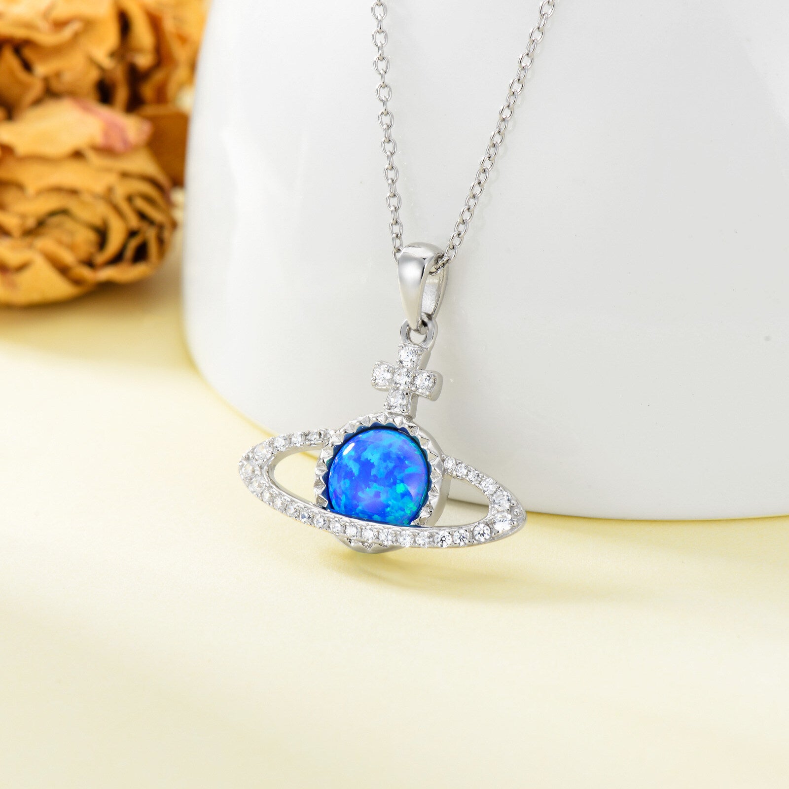 Sterling Silver Circular Aquamarine Cross & Planet Necklace for Women