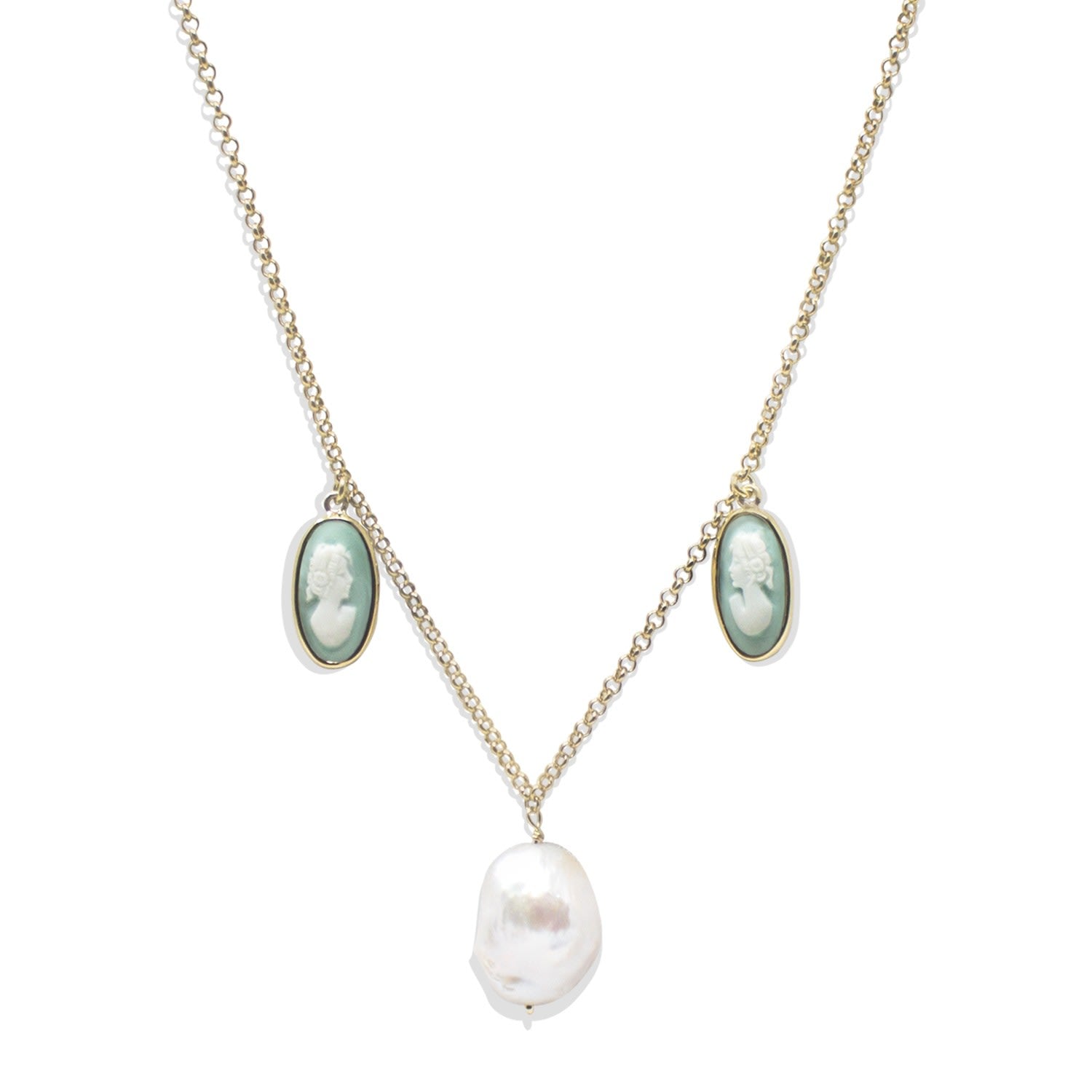 Medea Gold-Plated Green Cameo And Pearl Necklace