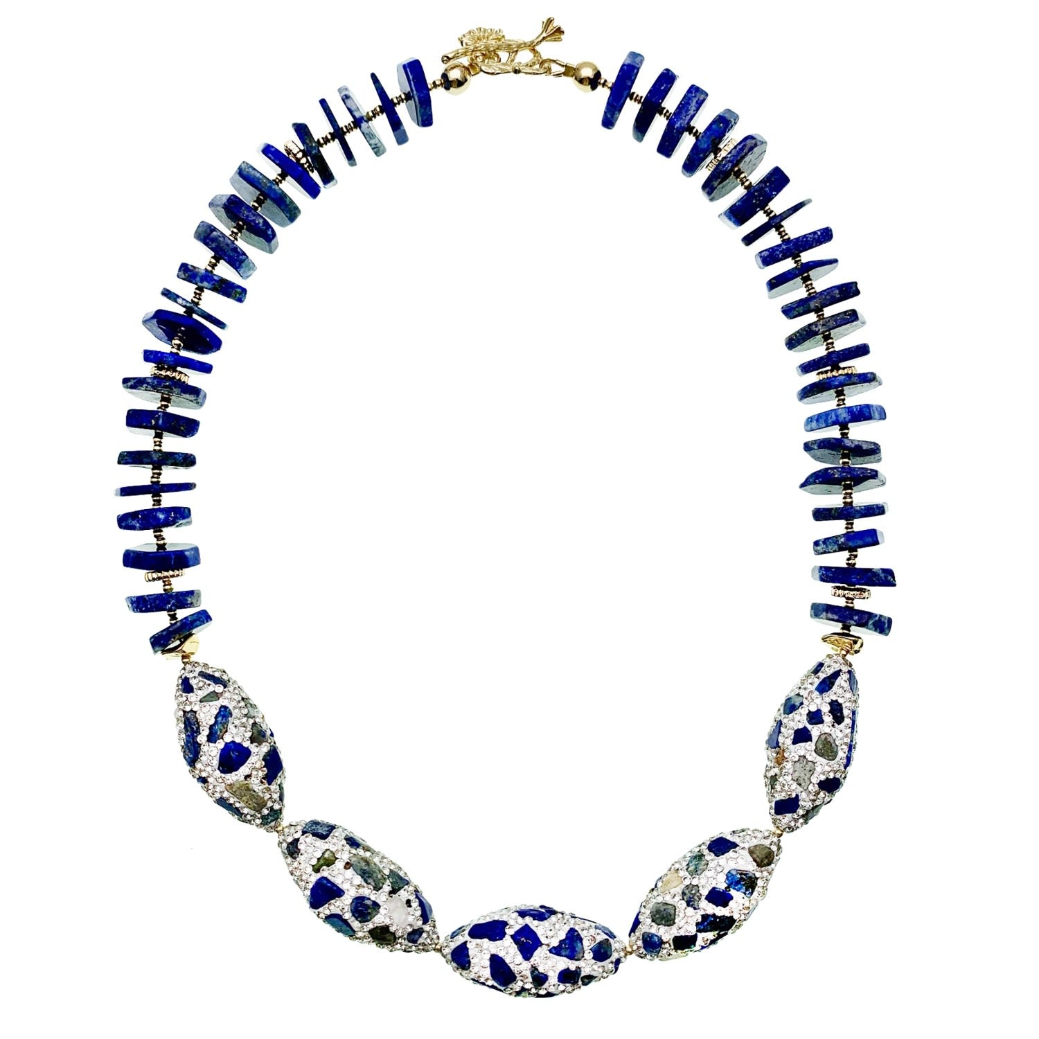 Lapis With Rhinestones Bordered Lapis Stones Short Necklace