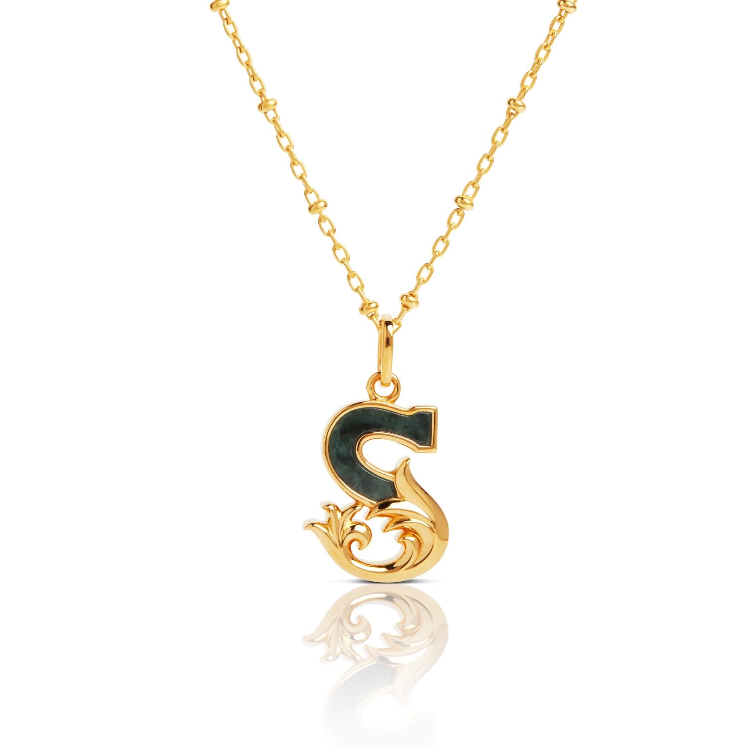Gold Plated S Initial Necklace With Green Marble