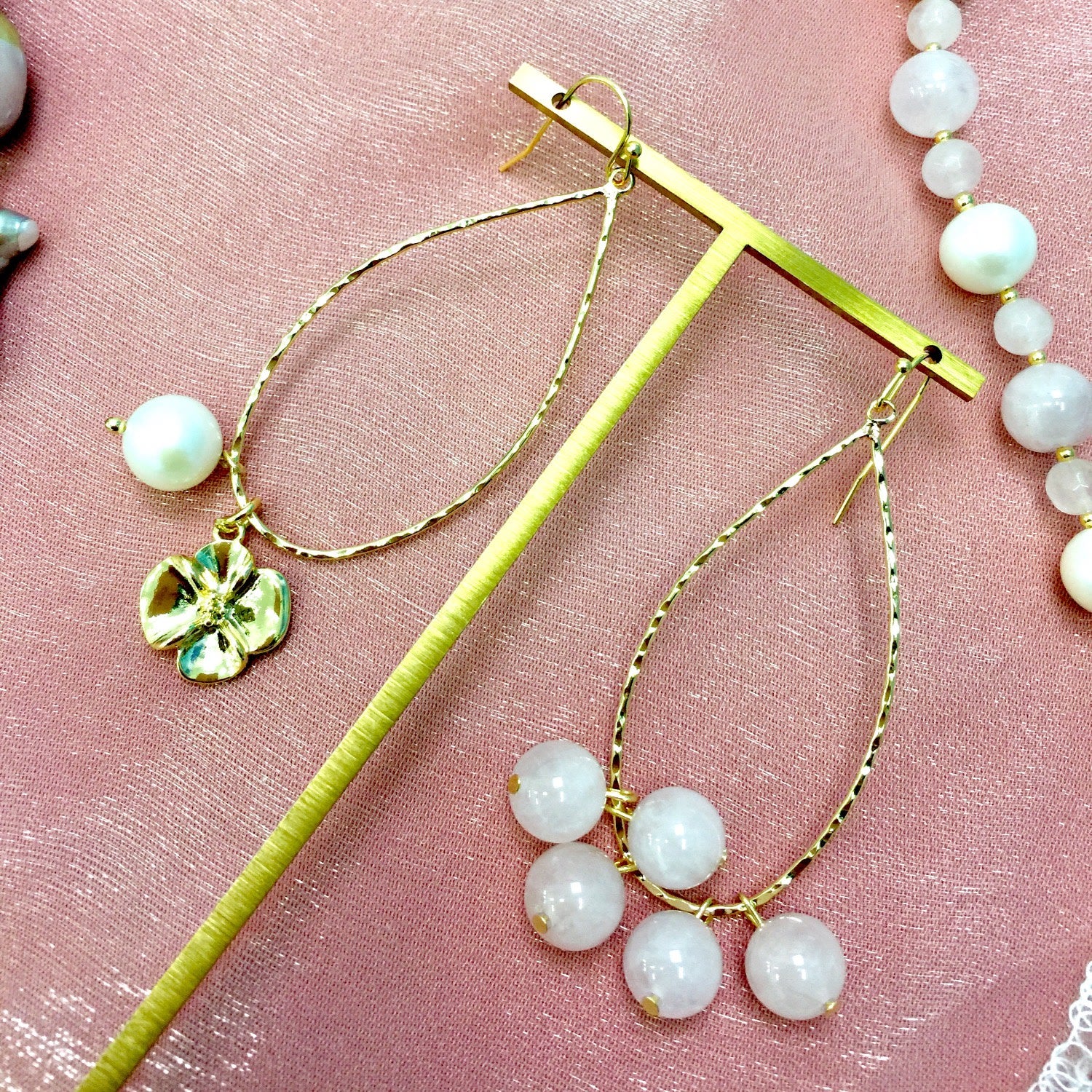 Rose Quartz & Freshwater Pearl Charms Earrings