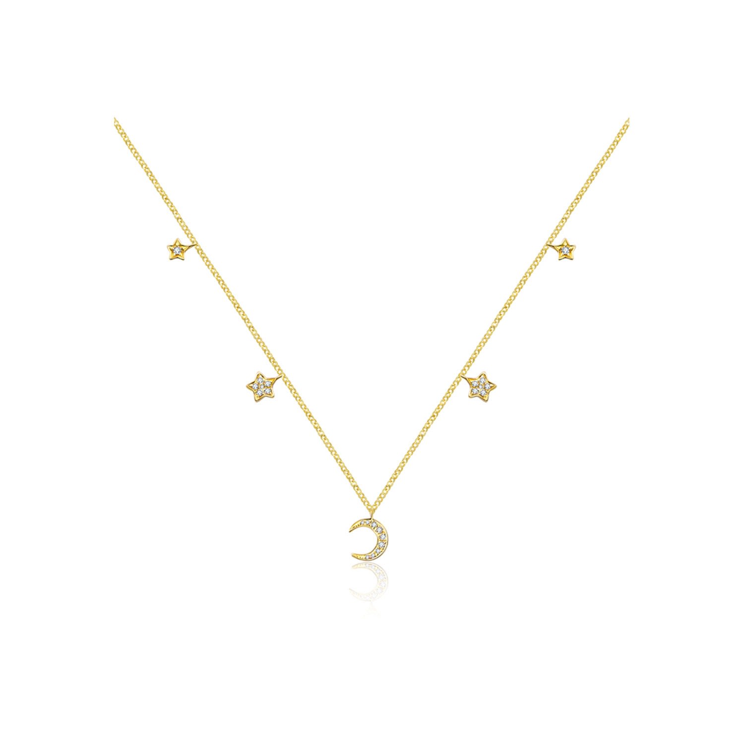 18K Yellow Gold Moon & Star Shape Diamond Necklace Choker