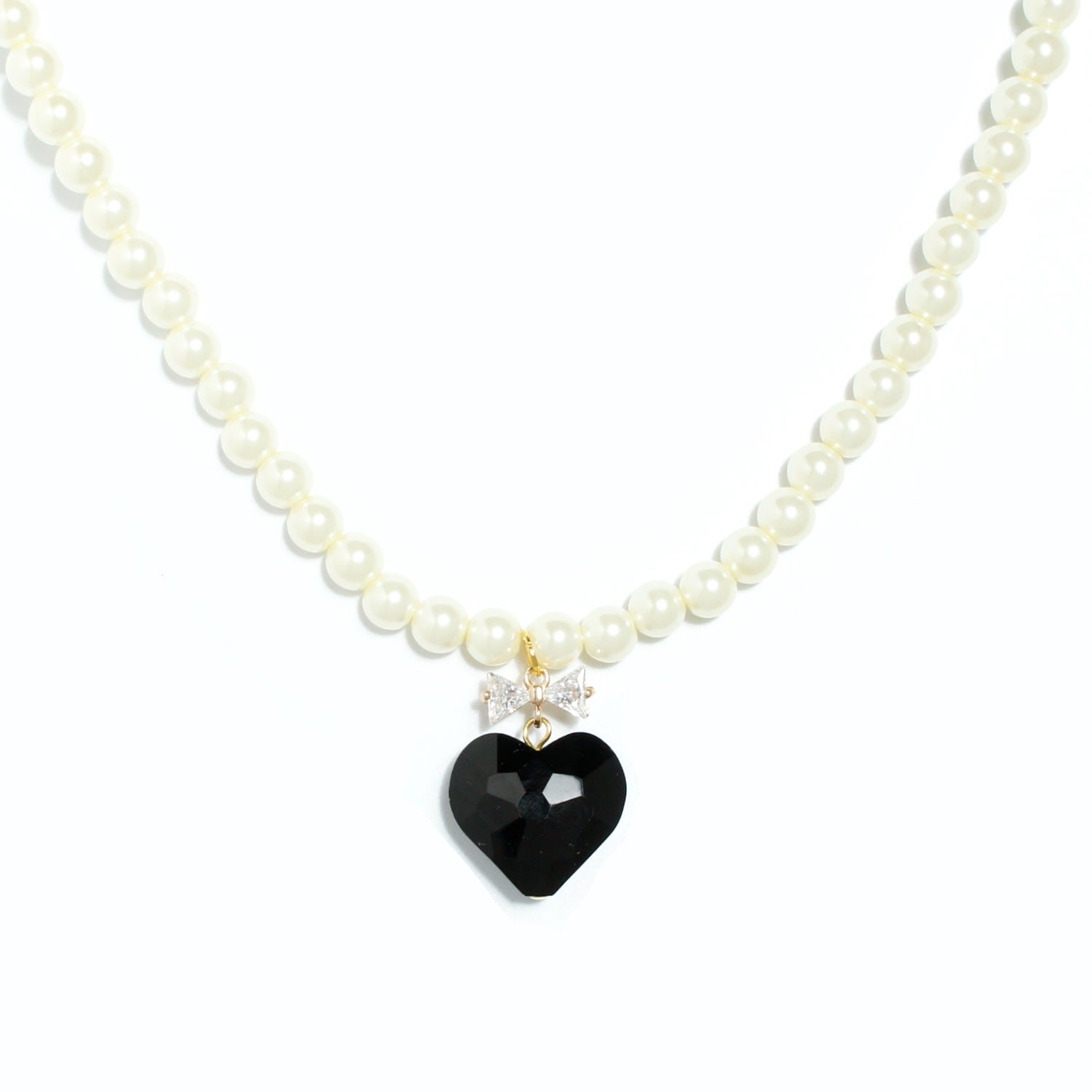 Whisper Of Heart Pearl Necklace With Crystal Bow And Faceted Heart Pendant - Black