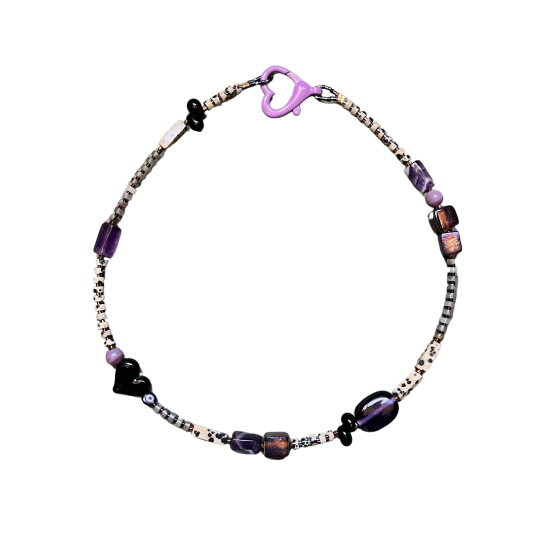 Voodoo – Gemstone Necklace With Black Heart & Purple Glass Beads