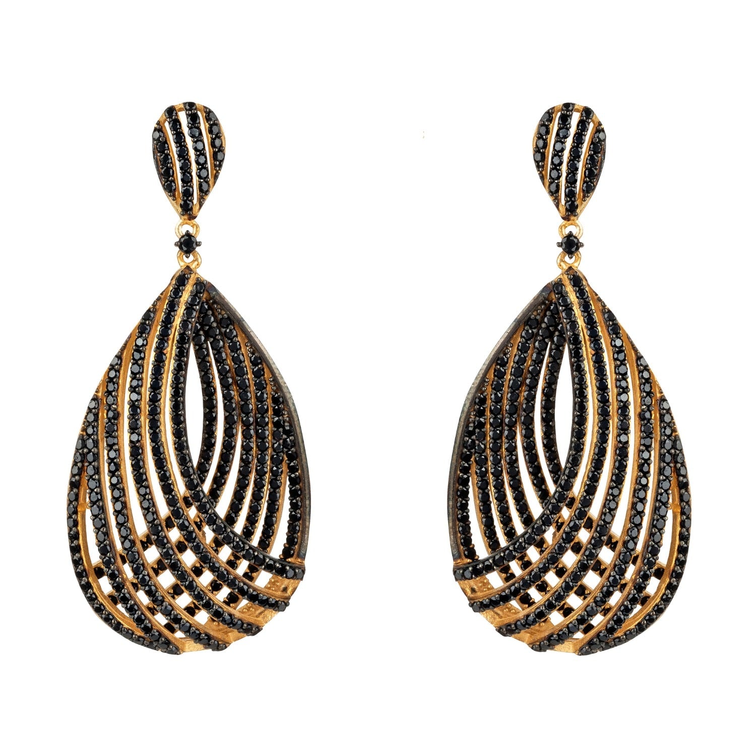 Vortex Teardrop Clip On Earrings Gold Black Cz