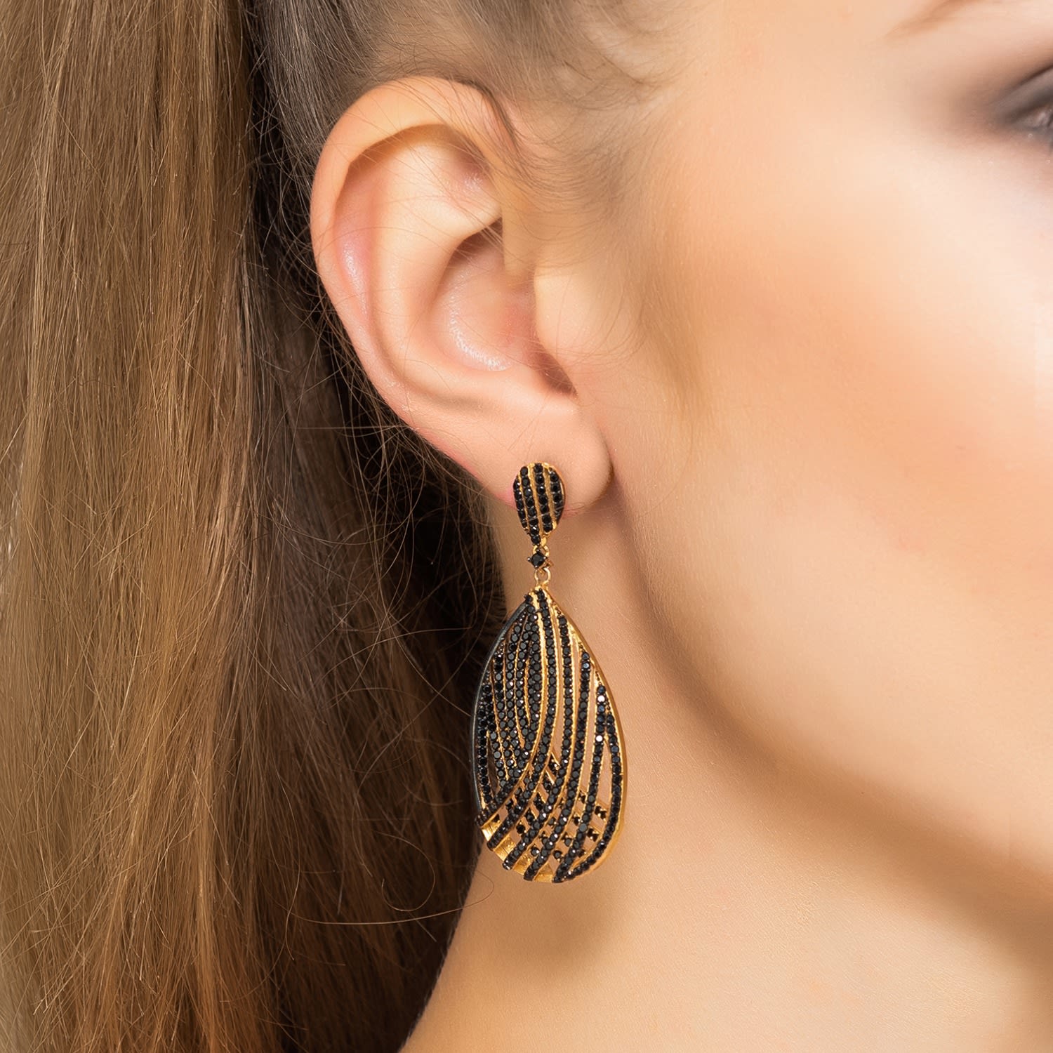 Vortex Teardrop Clip On Earrings Gold Black Cz