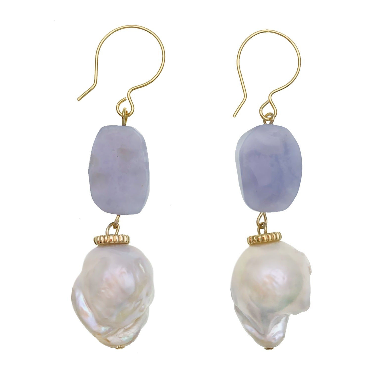 Blue Lace Agate With Baroque Pearl Hook Earrings