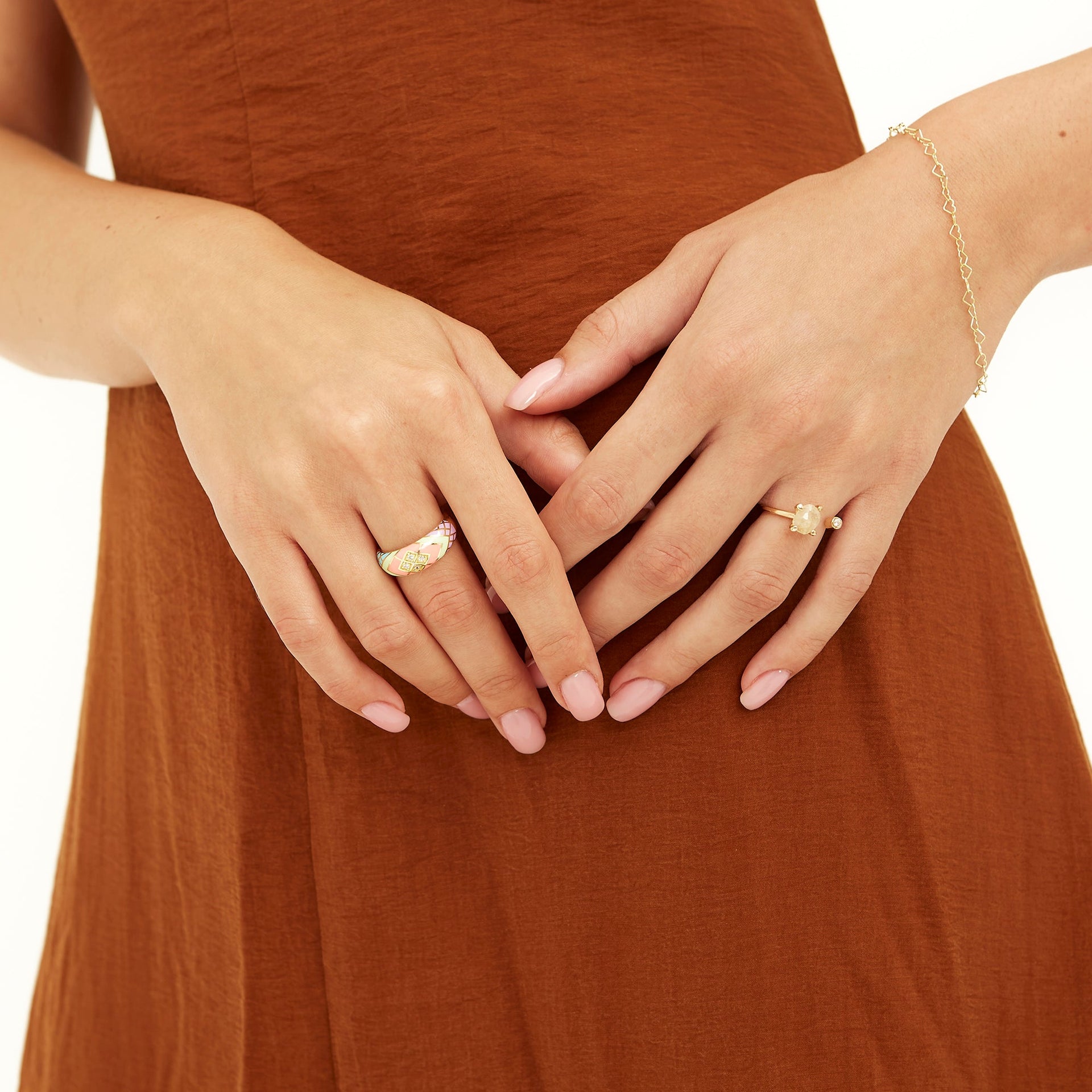 Enamel Pink Five Color Diamond Sterling Silver Dome Ring