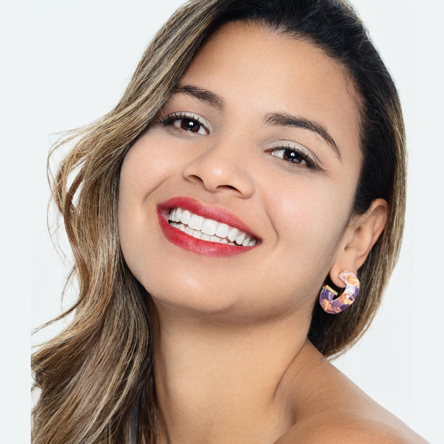 24K Gold Leaf Faceted Huggies In Purple