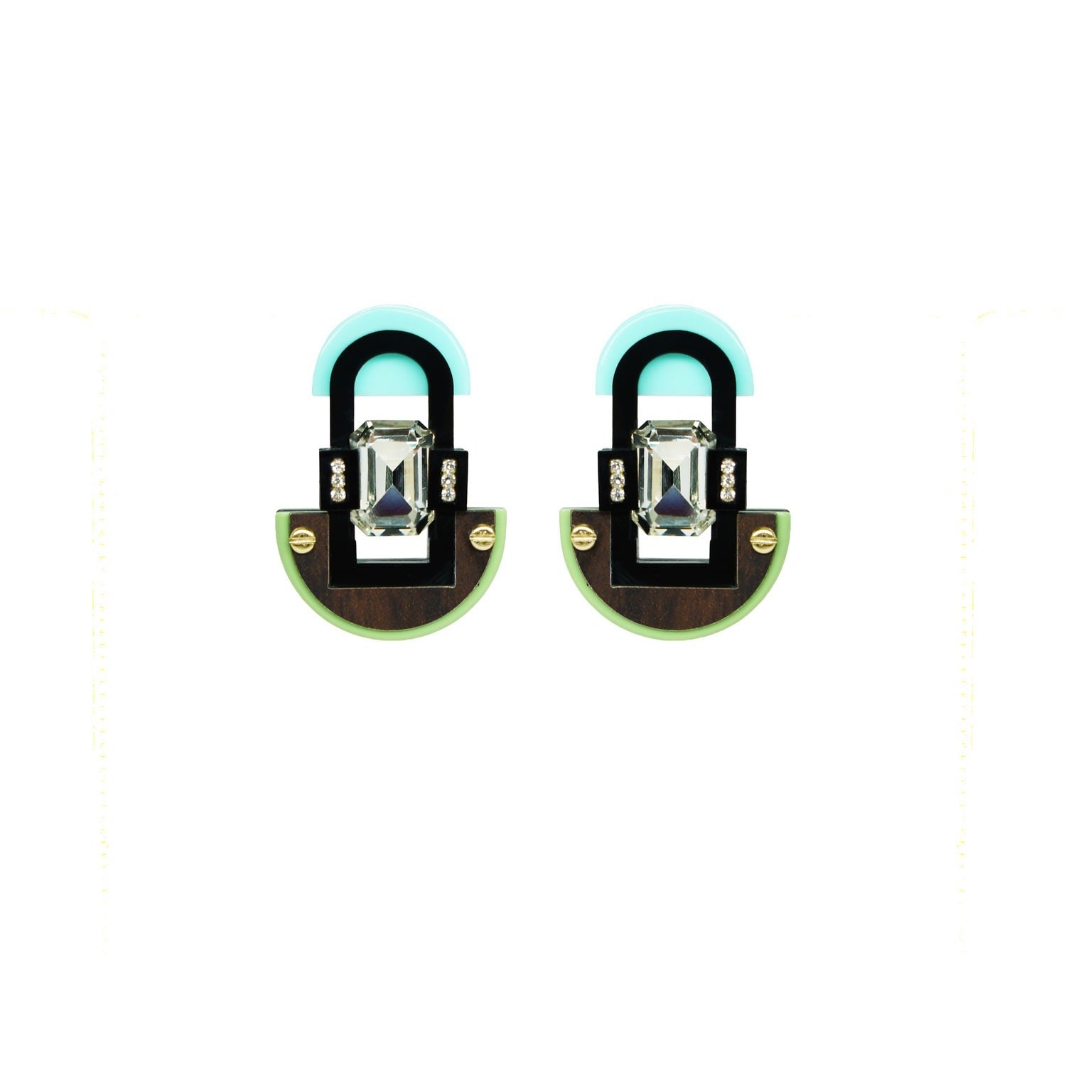 Handmade Acrylic Earring M Deco Mirror Rectangular Stone Green